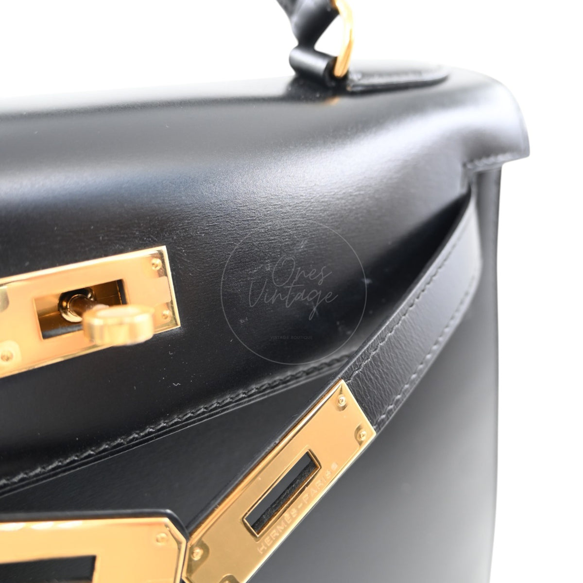 Hermes Kelly 28 Box Leather Handbag GHW Black Circle R