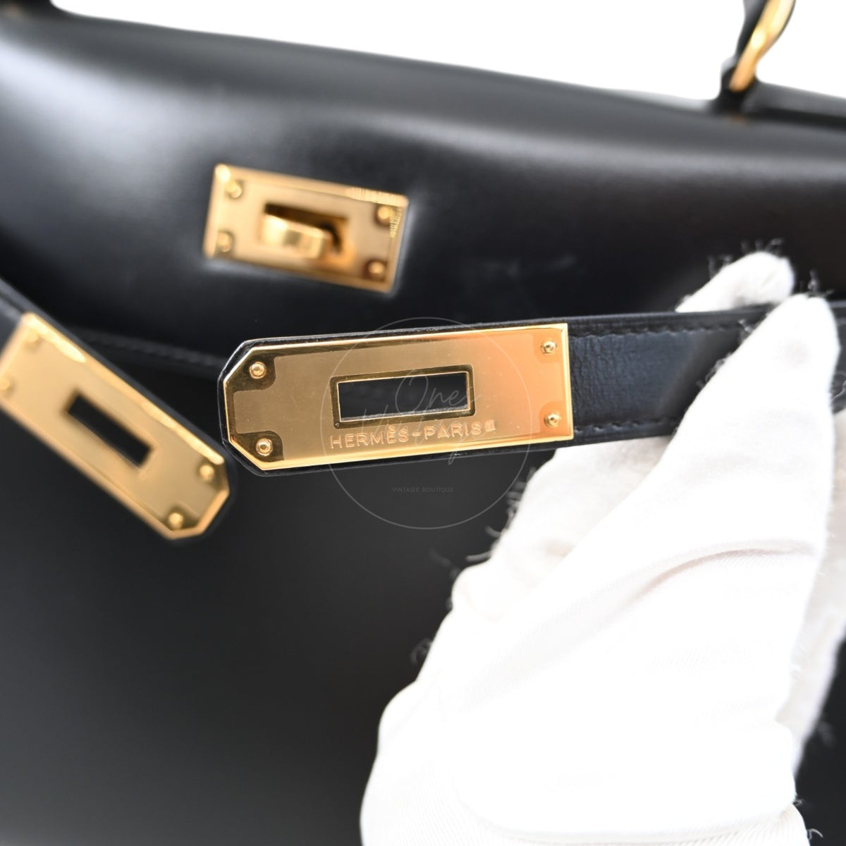Hermes Kelly 28 Box Leather Handbag GHW Black Circle R