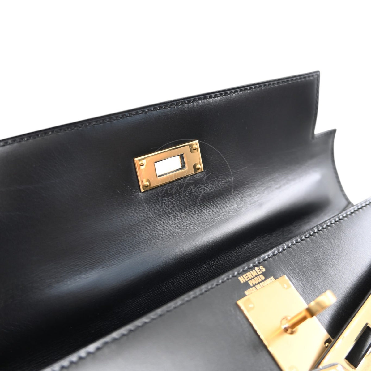Hermes Kelly 28 Box Leather Handbag GHW Black Circle R