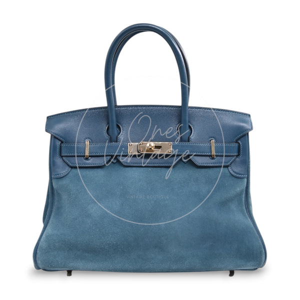 Hermès Birkin 30 in blue suede with gold hardware, Square P stamp, front view with double handles upright