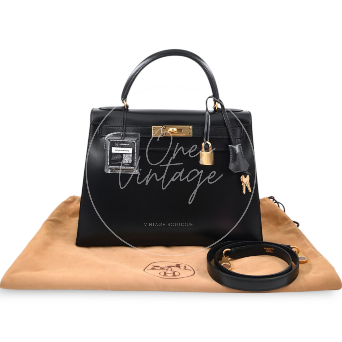 Hermes Kelly 28 Box Leather Handbag GHW Black Circle R