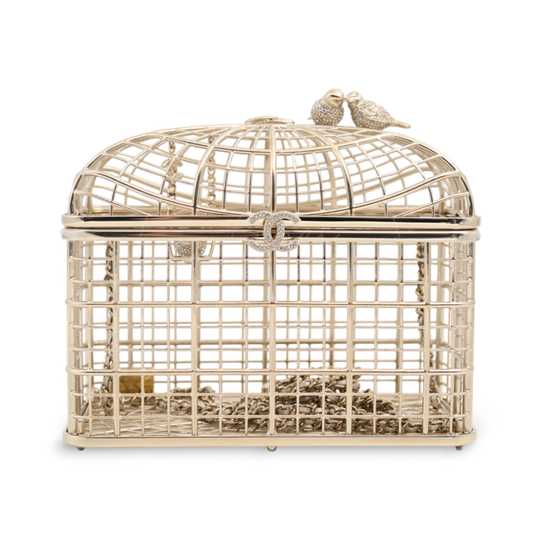 [Pre-owned] Chanel Bird Cage Minaudière in Gold-Tone Metal & Crystals Evening Handbag