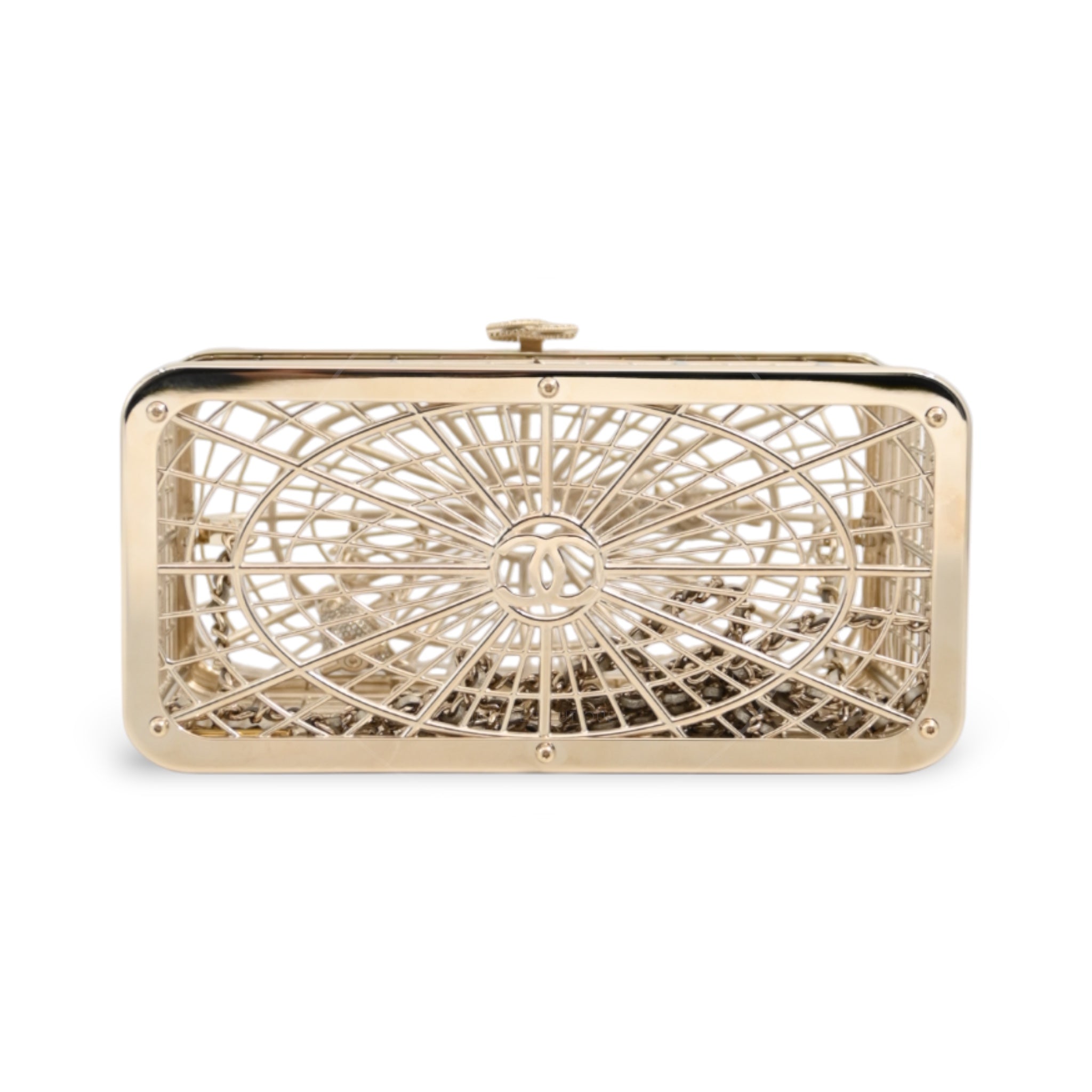 [Pre-owned] Chanel Bird Cage Minaudière in Gold-Tone Metal & Crystals Evening Handbag