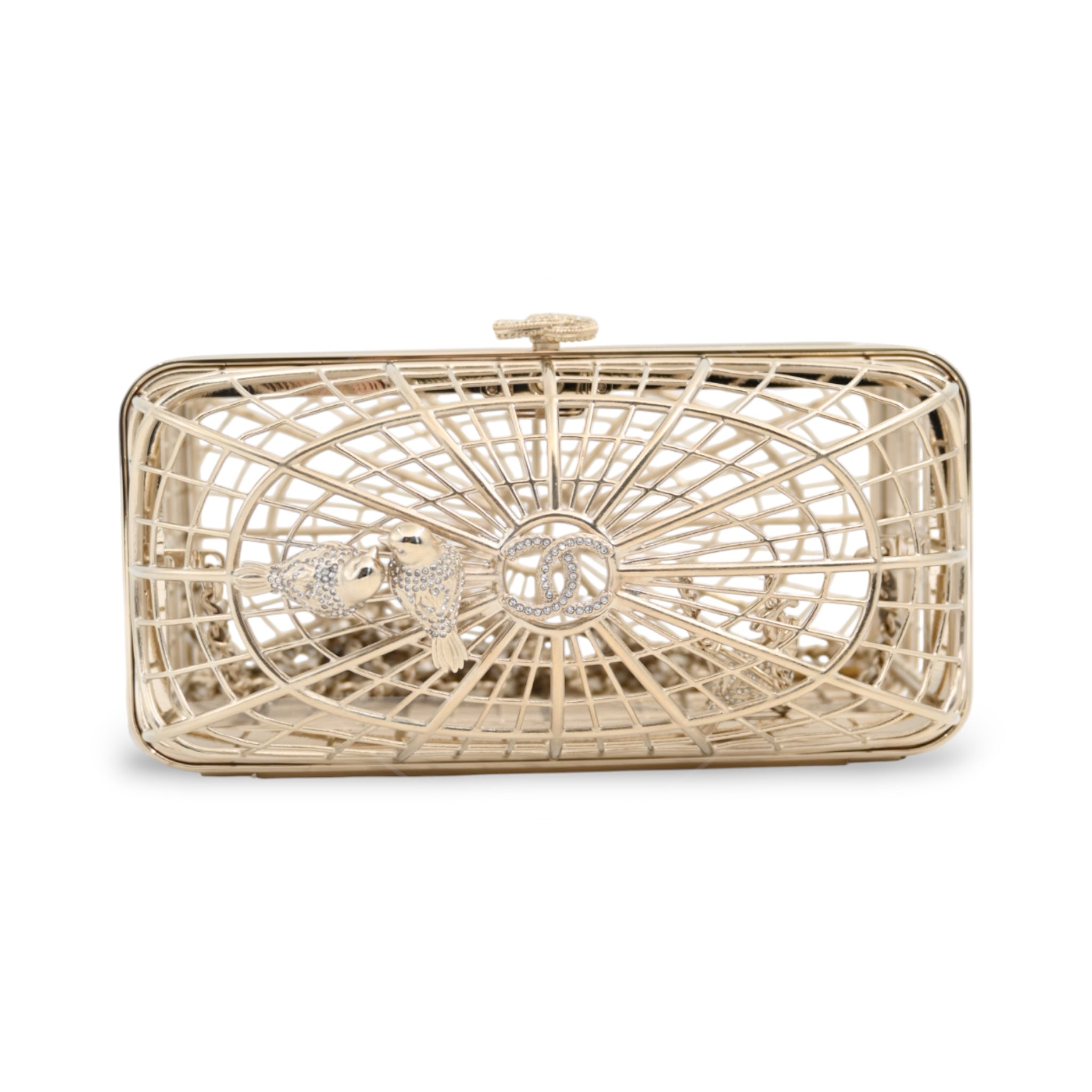 [Pre-owned] Chanel Bird Cage Minaudière in Gold-Tone Metal & Crystals Evening Handbag