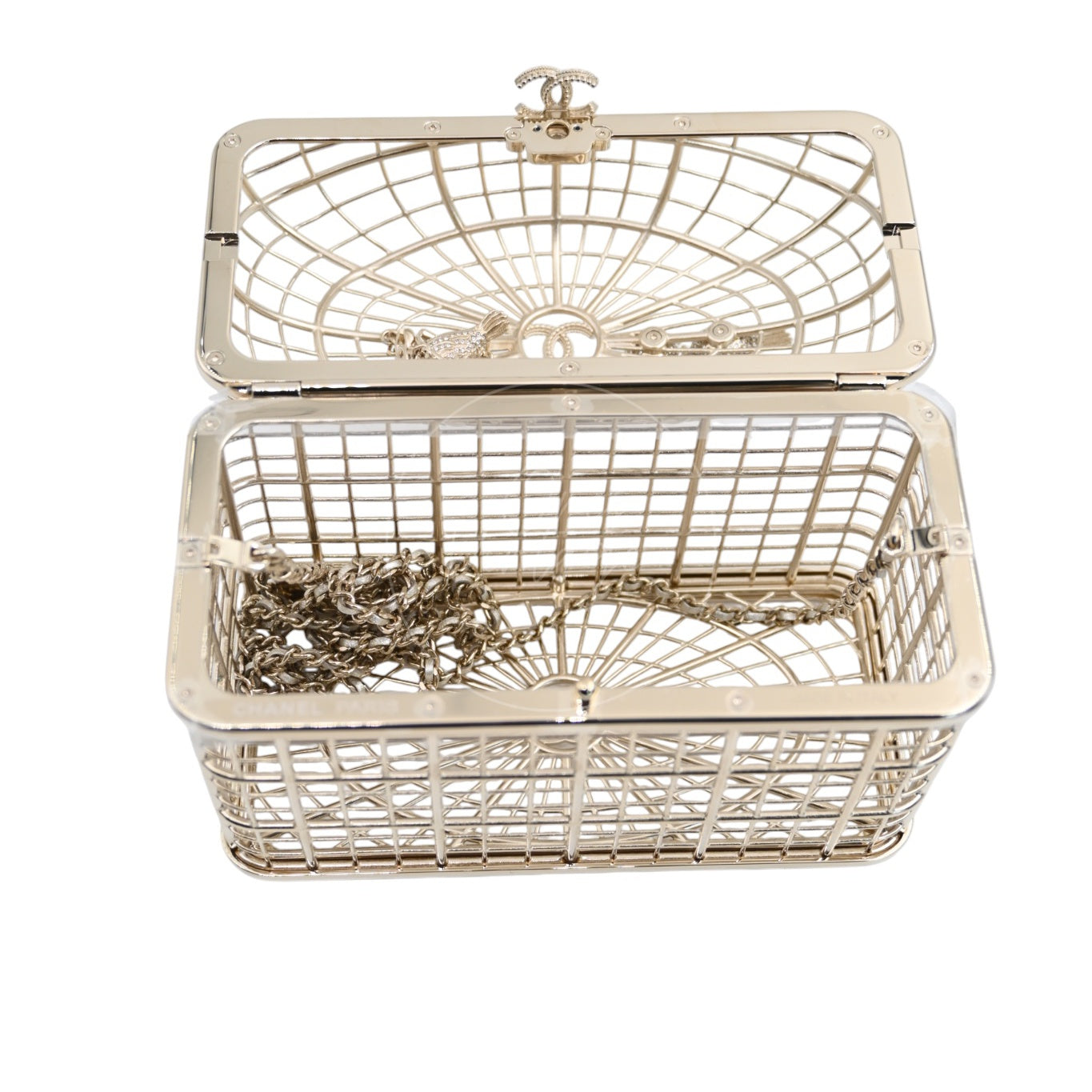 [Pre-owned] Chanel Bird Cage Minaudière in Gold-Tone Metal & Crystals Evening Handbag