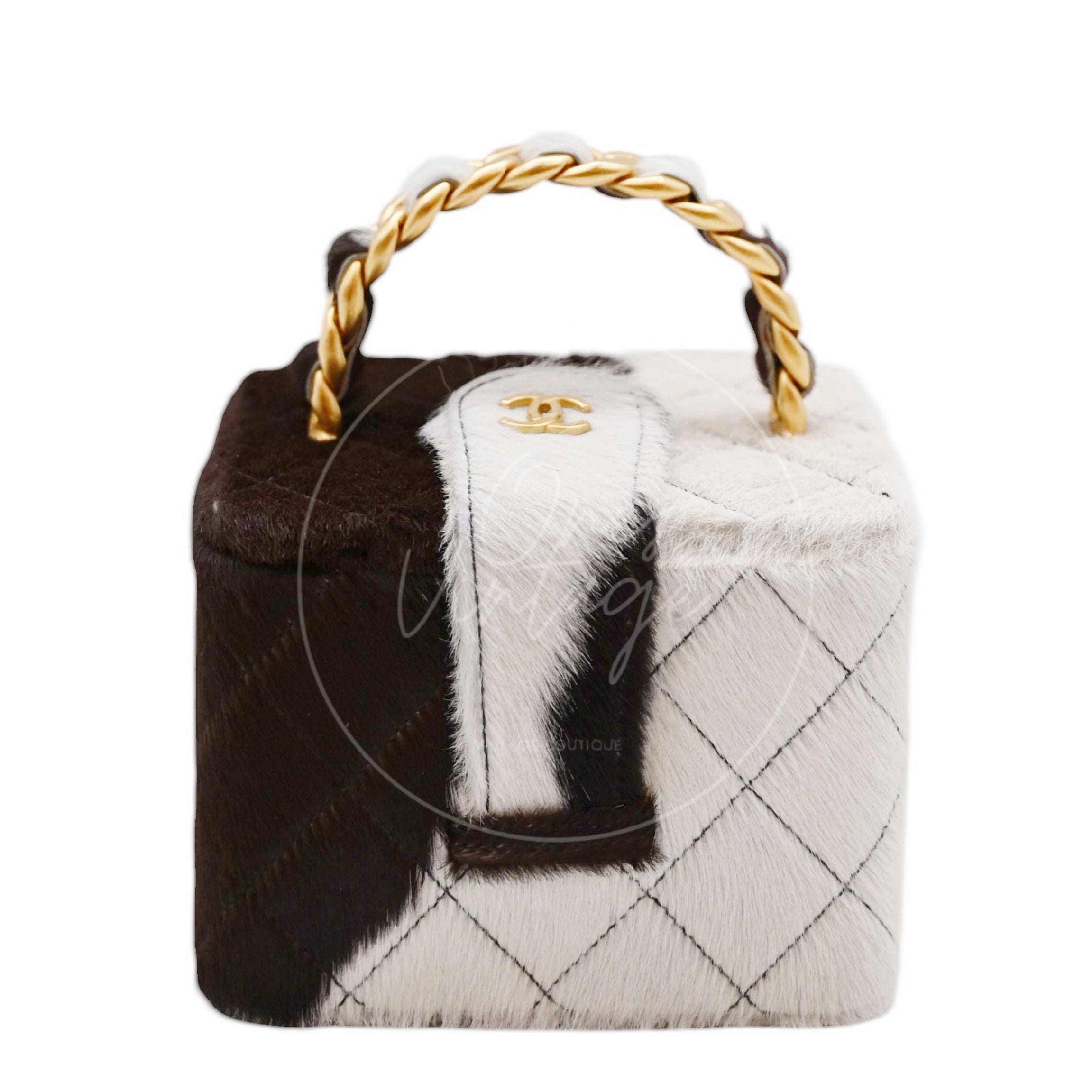 [Pre-owned] Chanel Square Vanity Box Brown and White Cow Print Pony Hair Antique Ghw