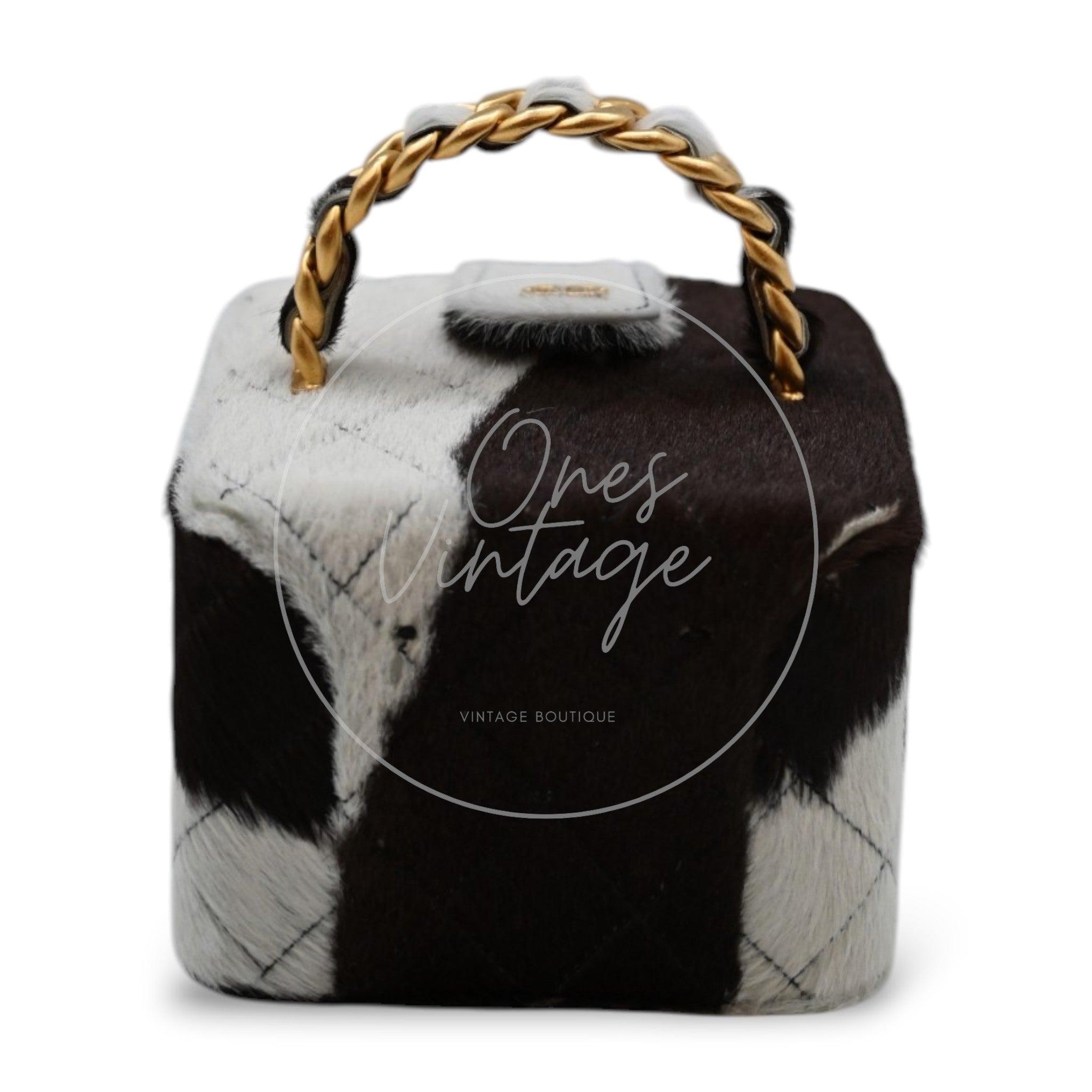 [Pre-owned] Chanel Square Vanity Box Brown and White Cow Print Pony Hair Antique Ghw