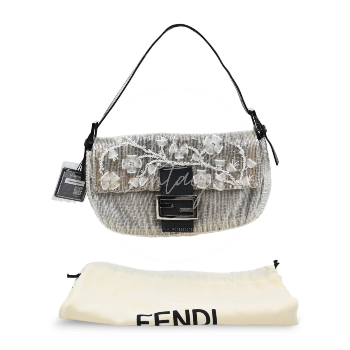 Fendi Floral Sequin Beaded Shoulder Baguette Bag SHW Sliver