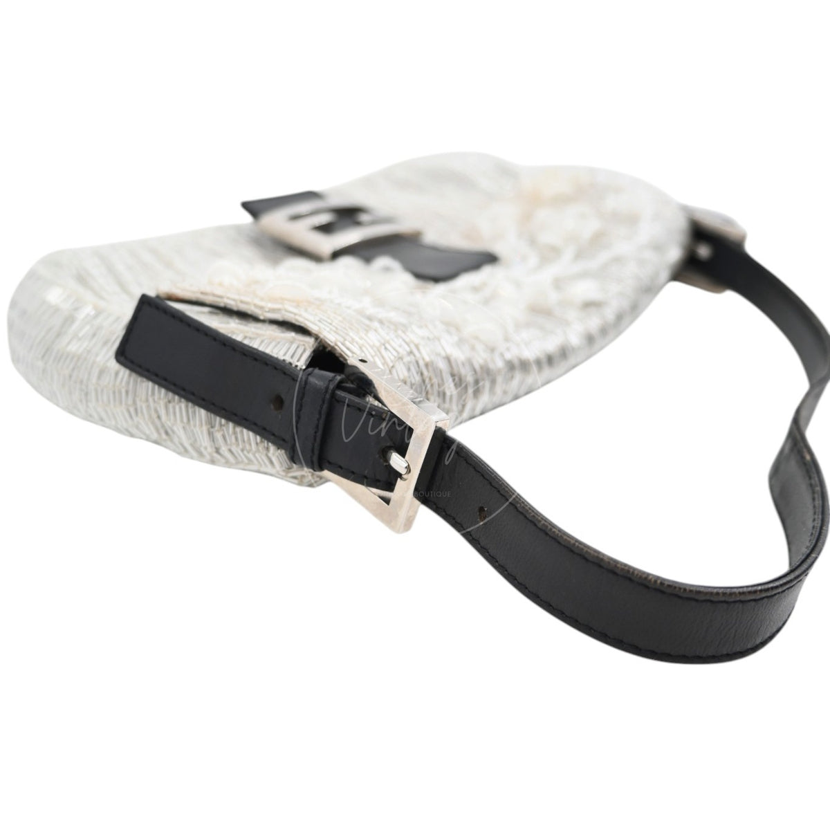 Fendi Floral Sequin Beaded Shoulder Baguette Bag SHW Sliver