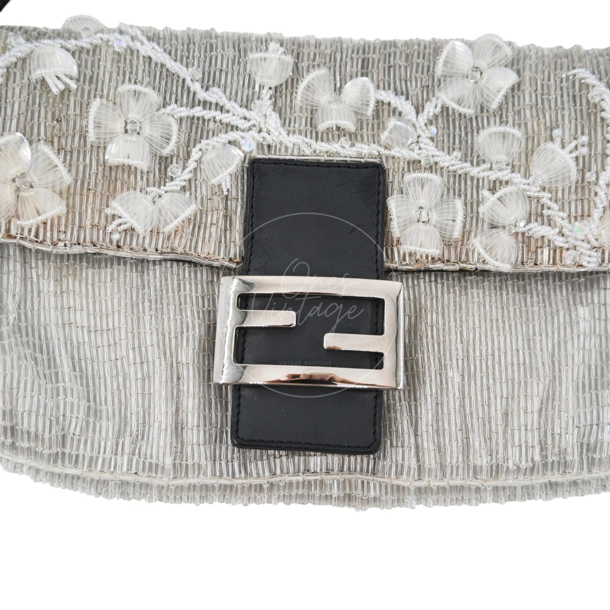 Fendi Floral Sequin Beaded Shoulder Baguette Bag SHW Sliver