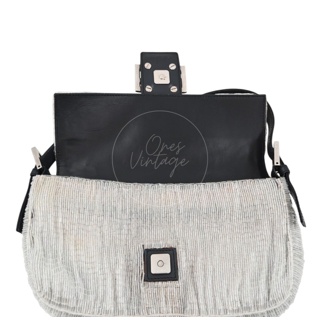 Fendi Floral Sequin Beaded Shoulder Baguette Bag SHW Sliver
