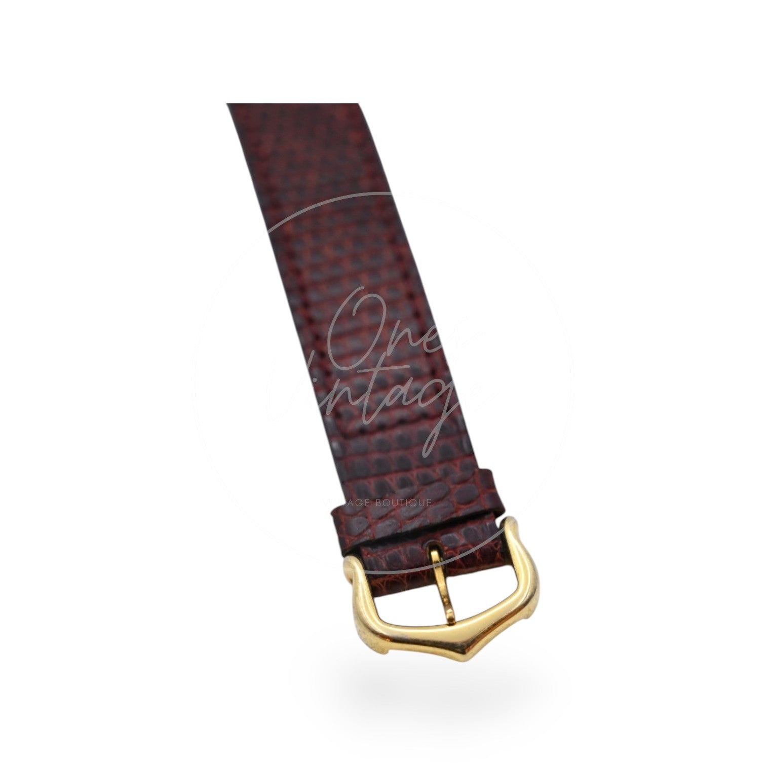 Cartier Must de Tank Trinity dial quartz watch with maroon lizard-pattern strap, front of the maroon strap and shaped gold-tone buckle