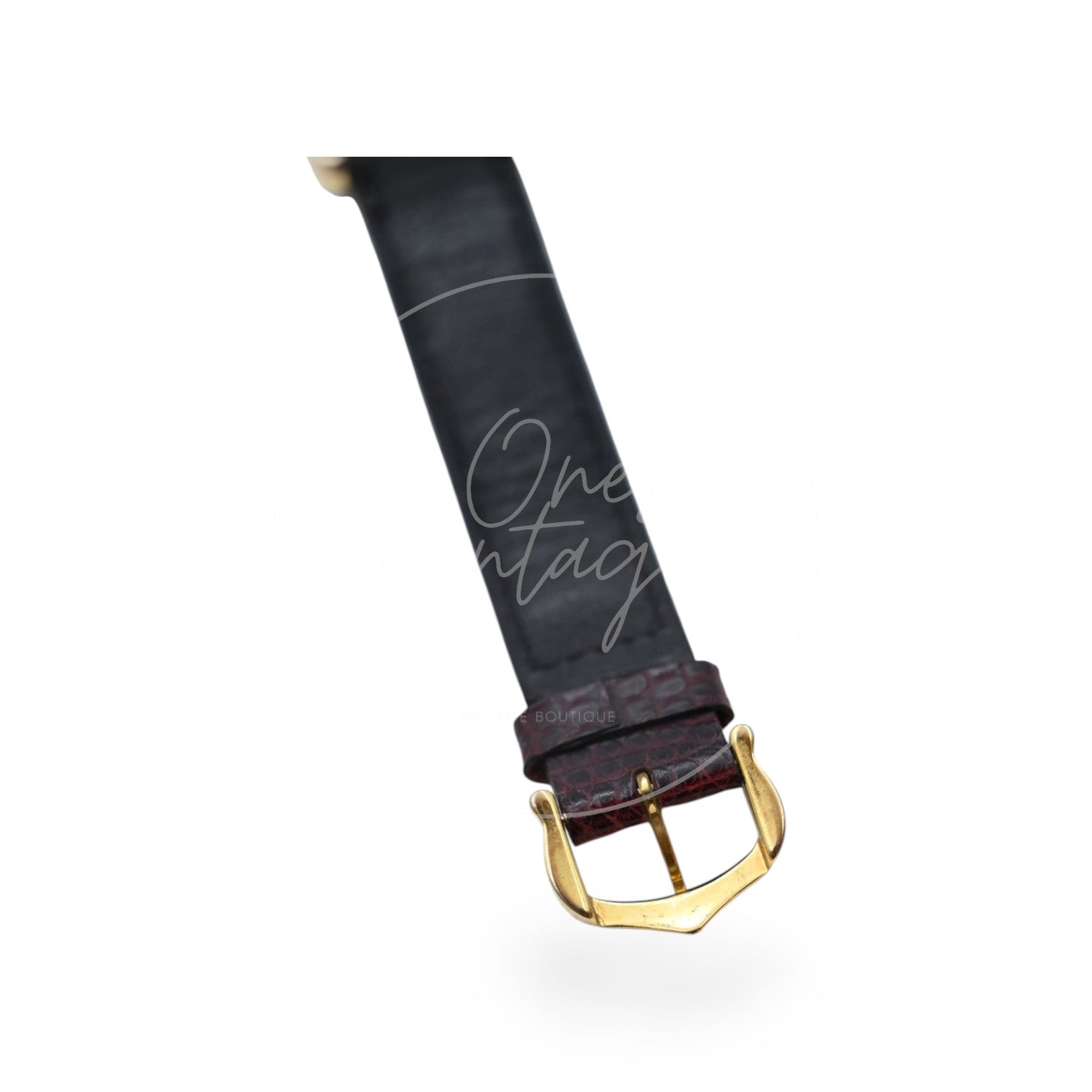 Cartier Must de Tank Trinity dial quartz watch with maroon lizard-pattern strap, underside of the maroon strap and buckle hardware