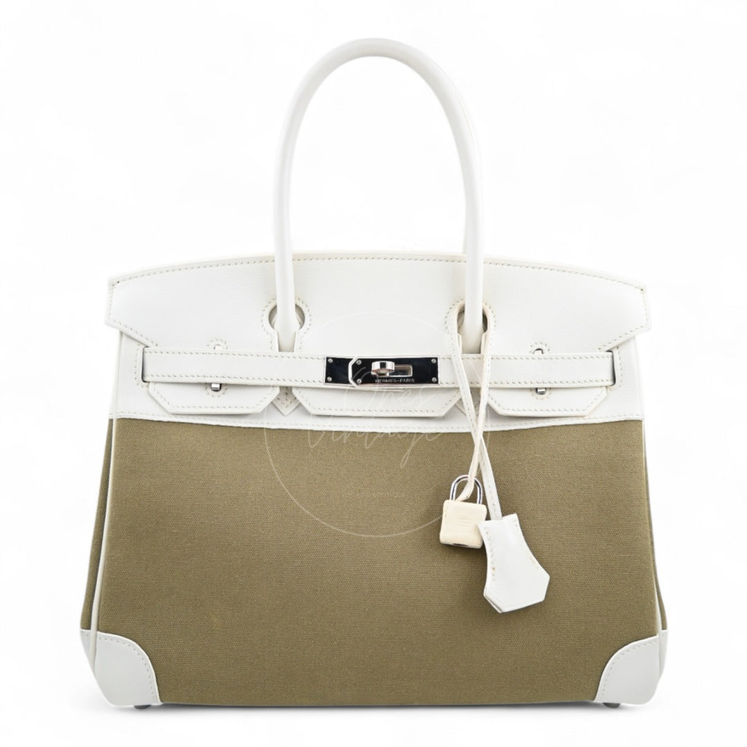 [Pre-owned] Hermes Birkin 30 White Swift & Vert Olive Toile PHW Stamp Square K