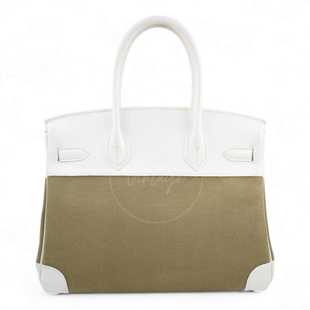 [Pre-owned] Hermes Birkin 30 White Swift & Vert Olive Toile PHW Stamp Square K