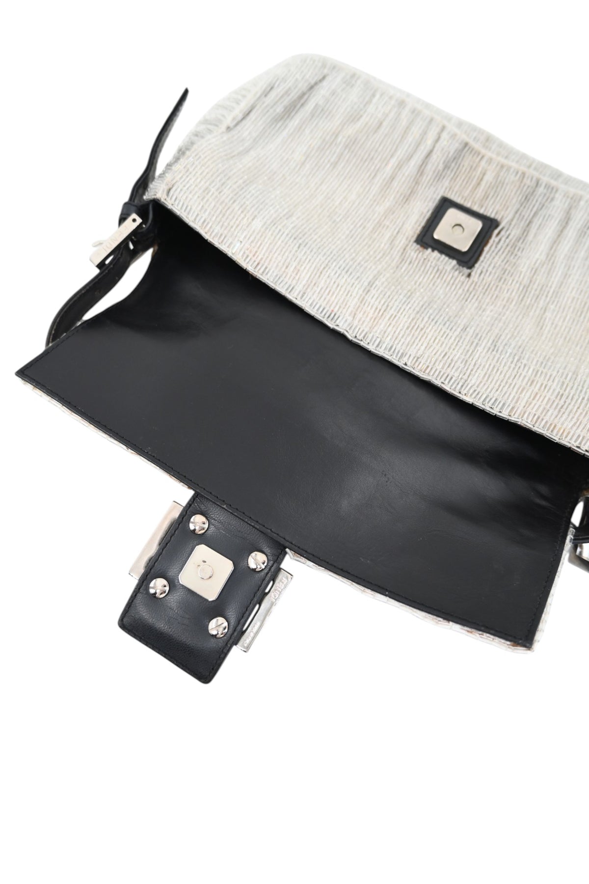 Fendi Floral Sequin Beaded Shoulder Baguette Bag SHW Sliver