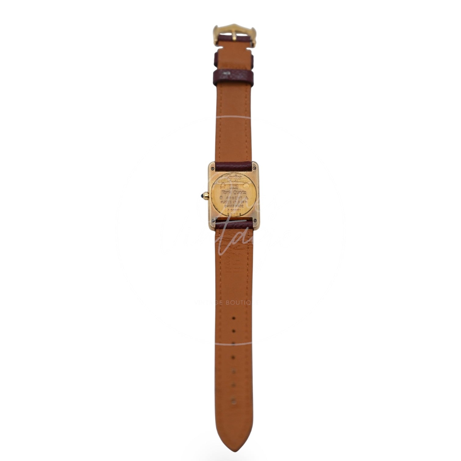 Cartier Must de Tank quartz watch with ivory Roman numeral dial and maroon leather strap, full rear view with engraved case back and strap holes