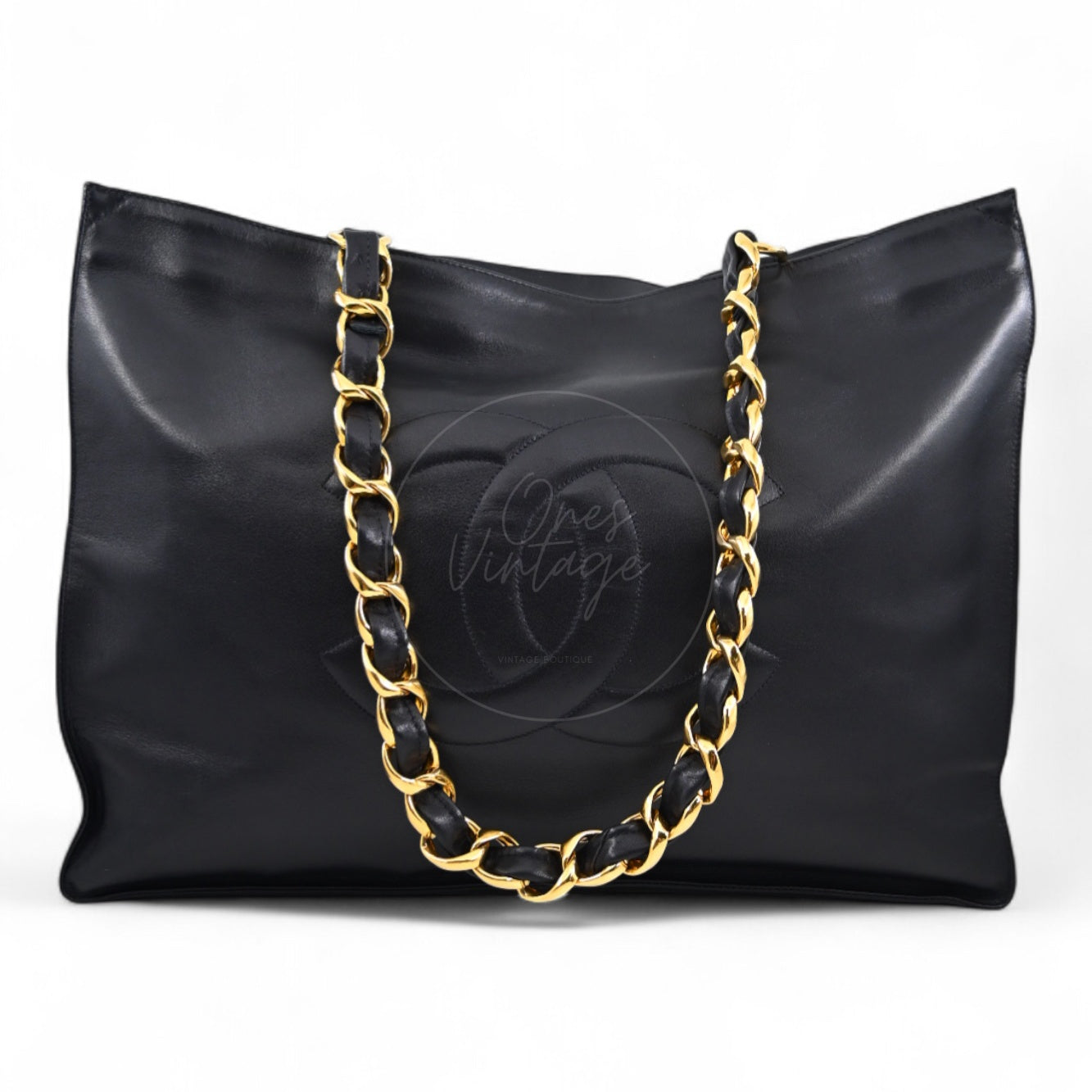 [Pre-owned]Chanel Black Calfskin Chain shoulder tote bag