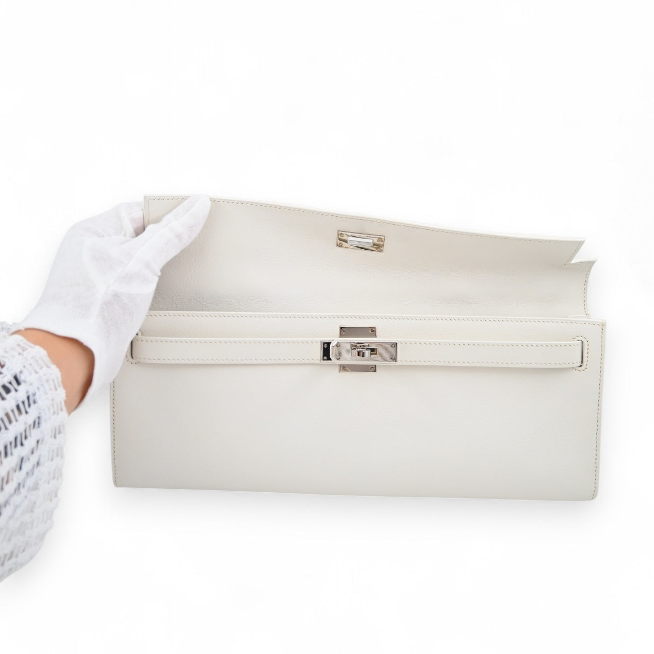 [Pre-owned] Hermes Kelly Cut Clutch White Swift PHW Stamp Square L
