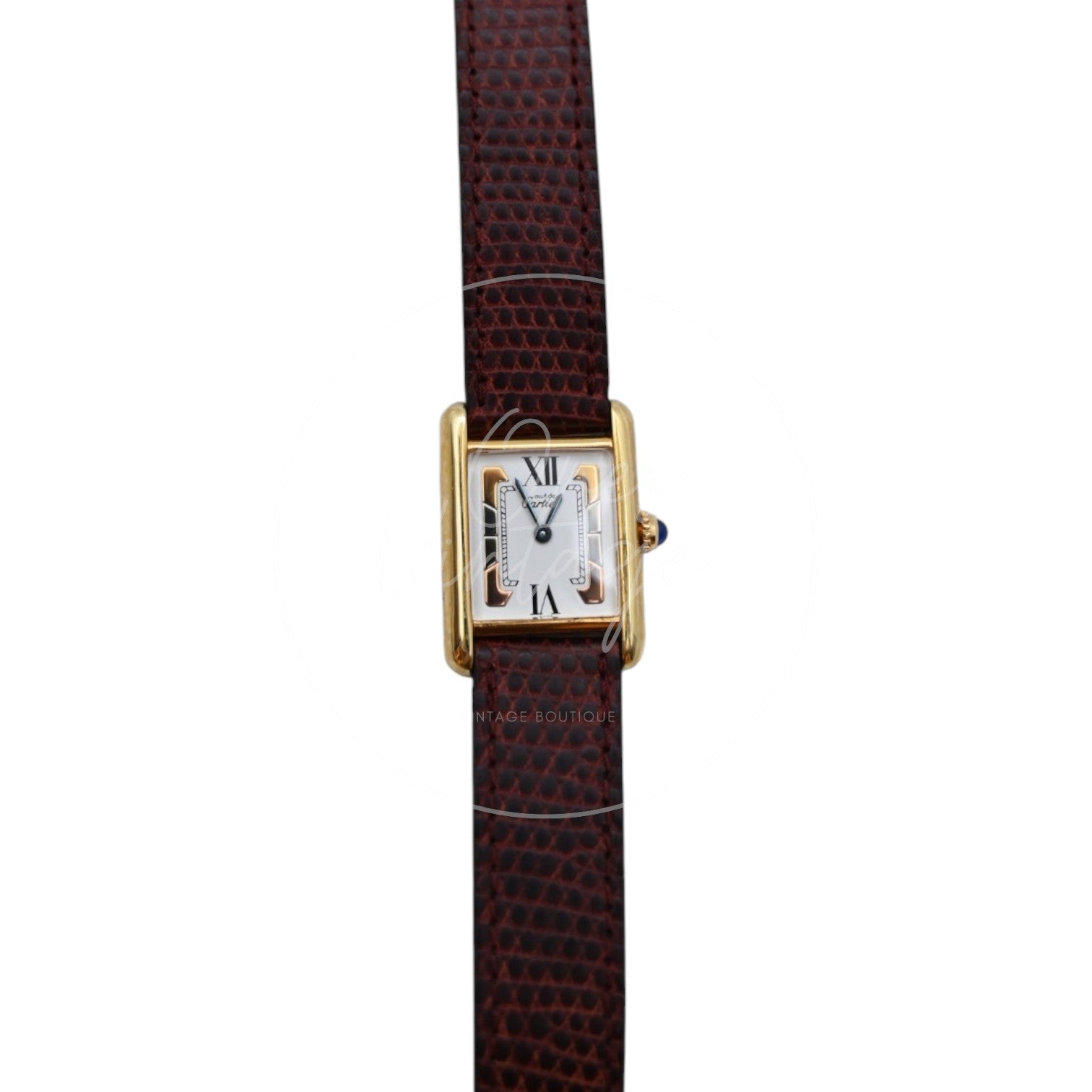 Cartier Must de Tank Trinity dial quartz watch with maroon lizard-pattern strap, full front view with maroon textured leather strap