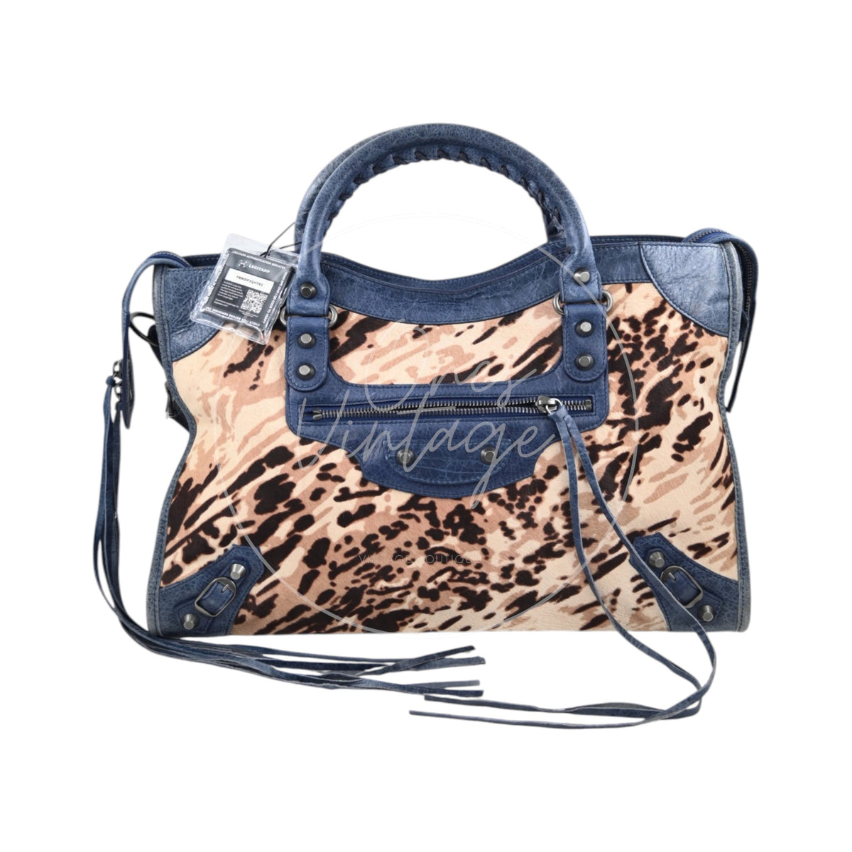 Balenciaga Pony Hair Agneau Leopard Printed 38cm City PHW Bleu Roi