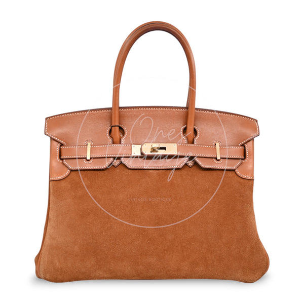 Hermès Birkin 30 in brown Doblis suede with gold hardware, Square P stamp, front view with double handles upright