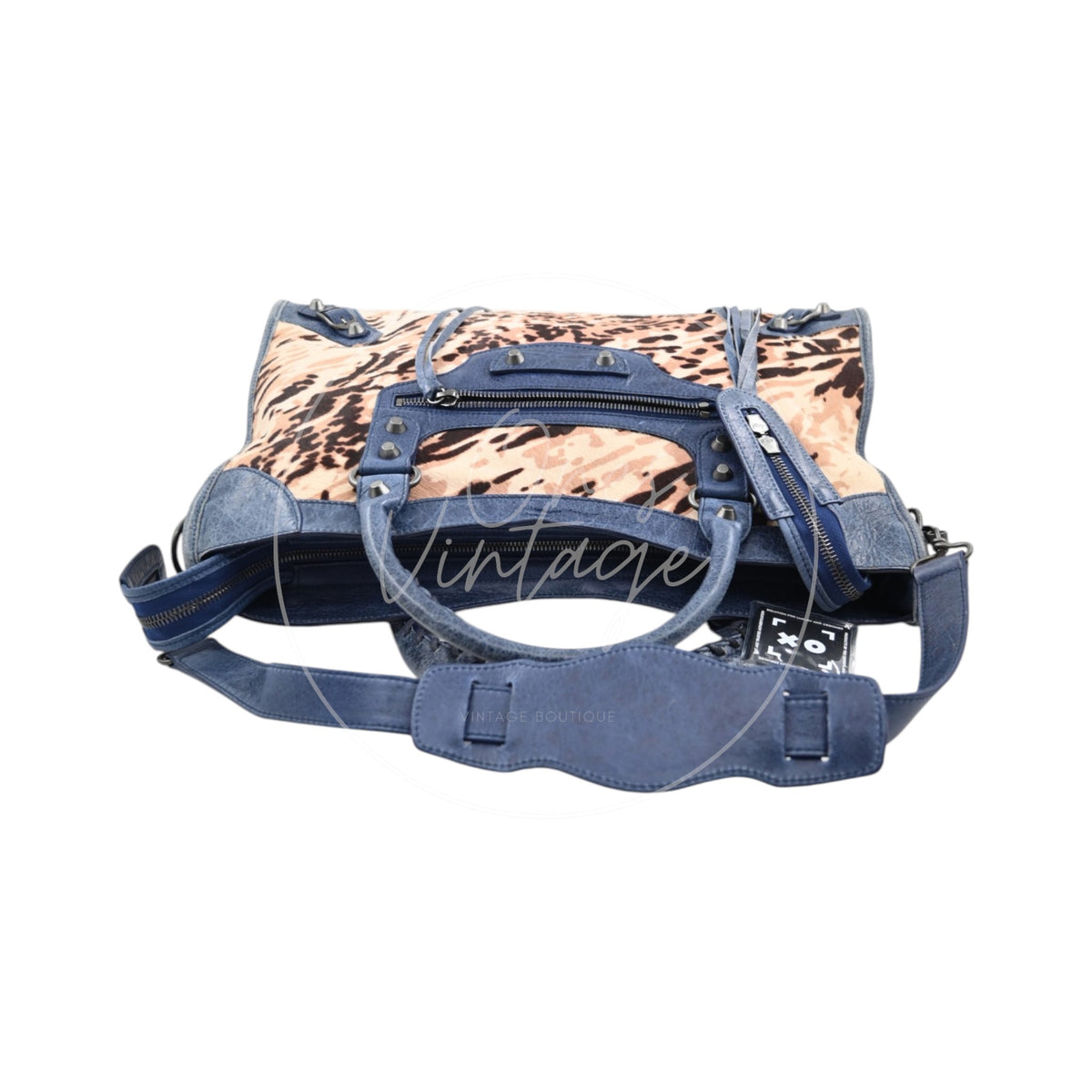 Balenciaga Pony Hair Agneau Leopard Printed 38cm City PHW Bleu Roi