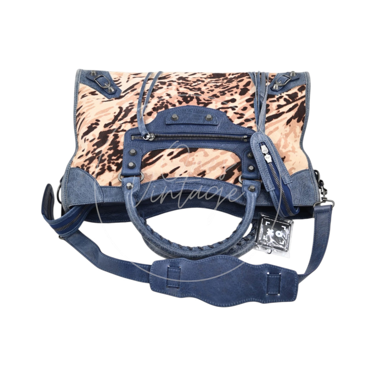 Balenciaga Pony Hair Agneau Leopard Printed 38cm City PHW Bleu Roi