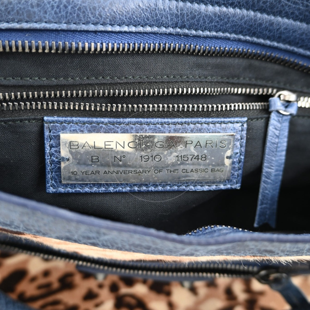 Balenciaga Pony Hair Agneau Leopard Printed 38cm City PHW Bleu Roi
