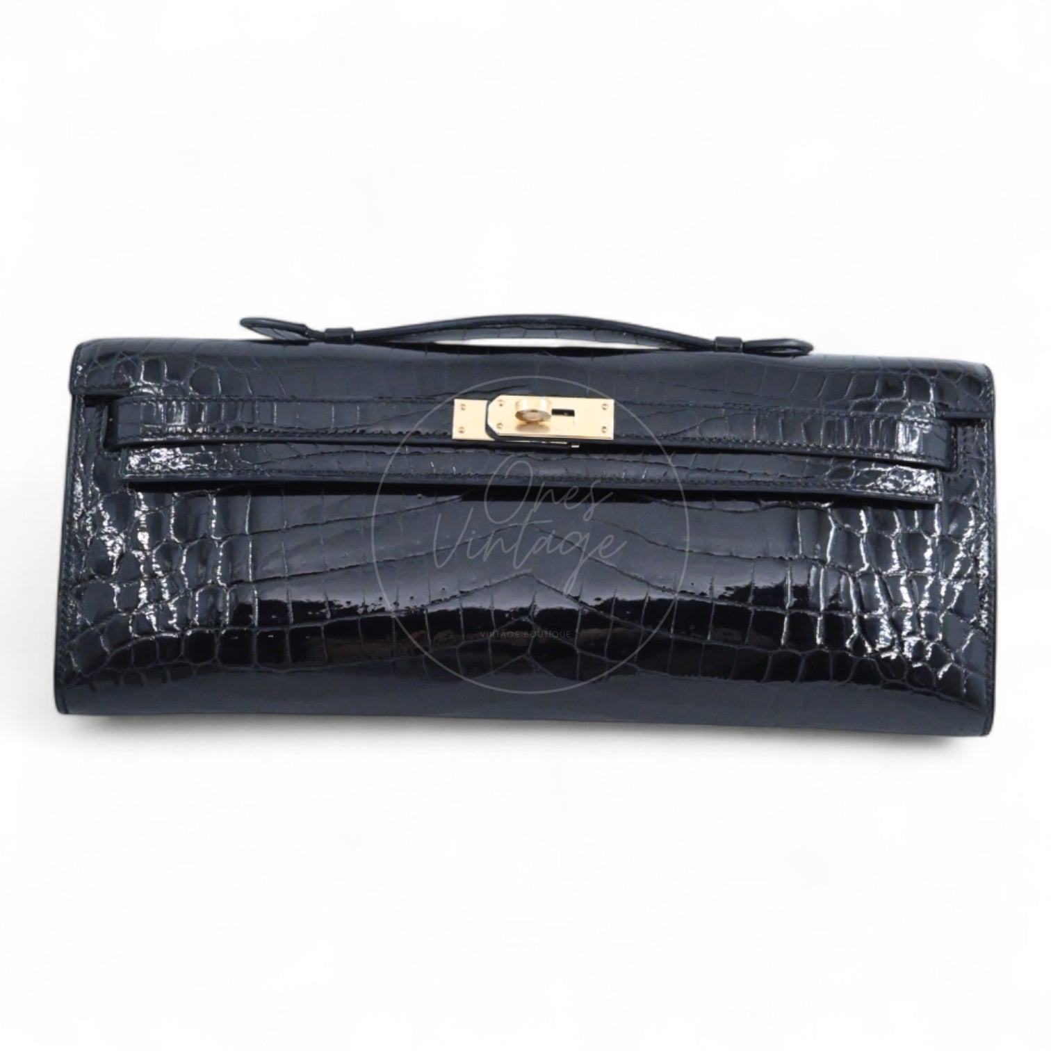 [Pre-owned] Hermes Kelly Cut Black Shiny-Croco Stamp Square R