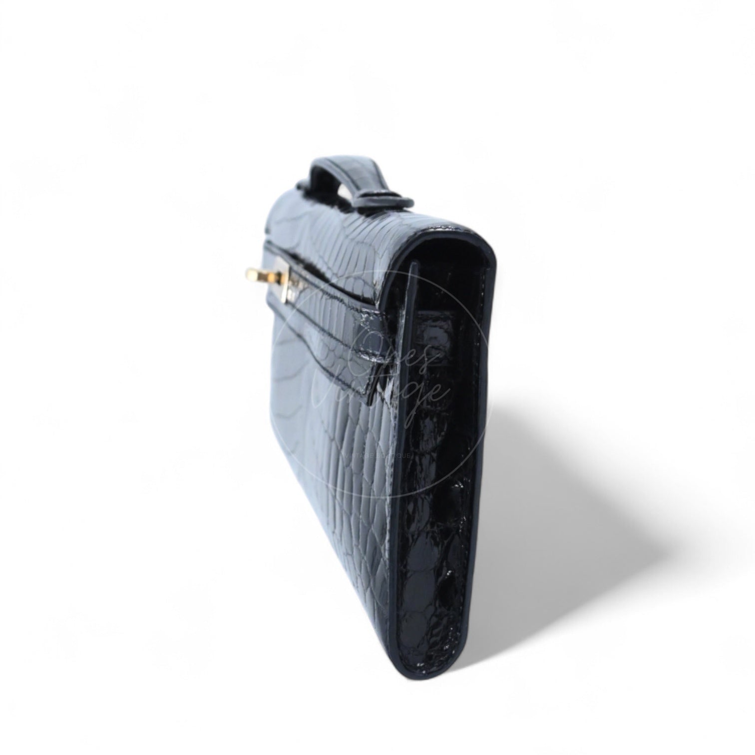 [Pre-owned] Hermes Kelly Cut Black Shiny-Croco Stamp Square R