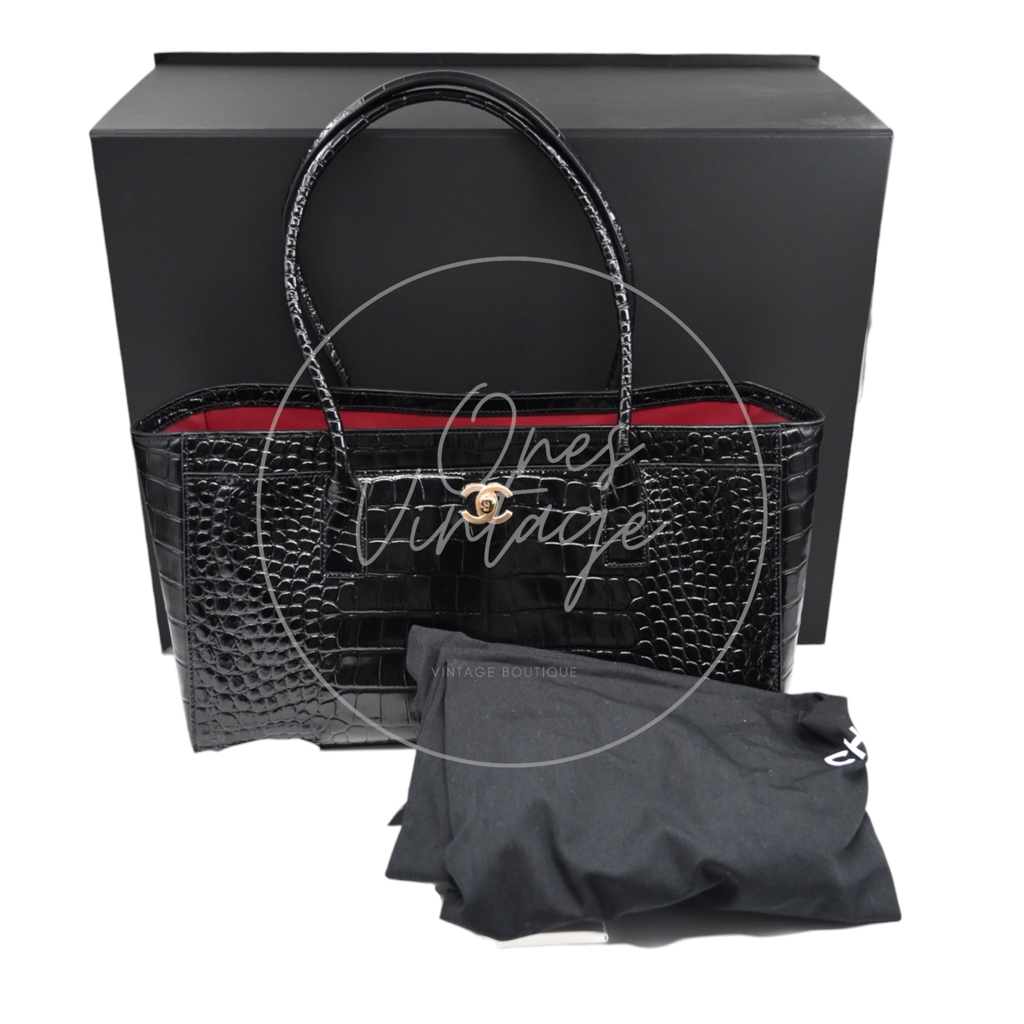 [Unused] Chanel Cerf Tote Bag Black Calfskin