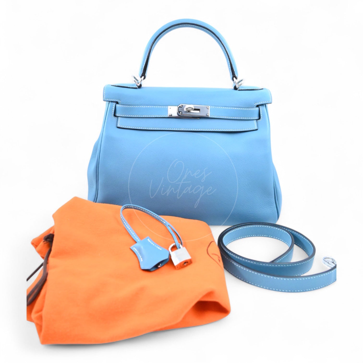 [Pre-owned] Hermes Kelly 28 Denim Blue Evercolor PHW Stamp Square J