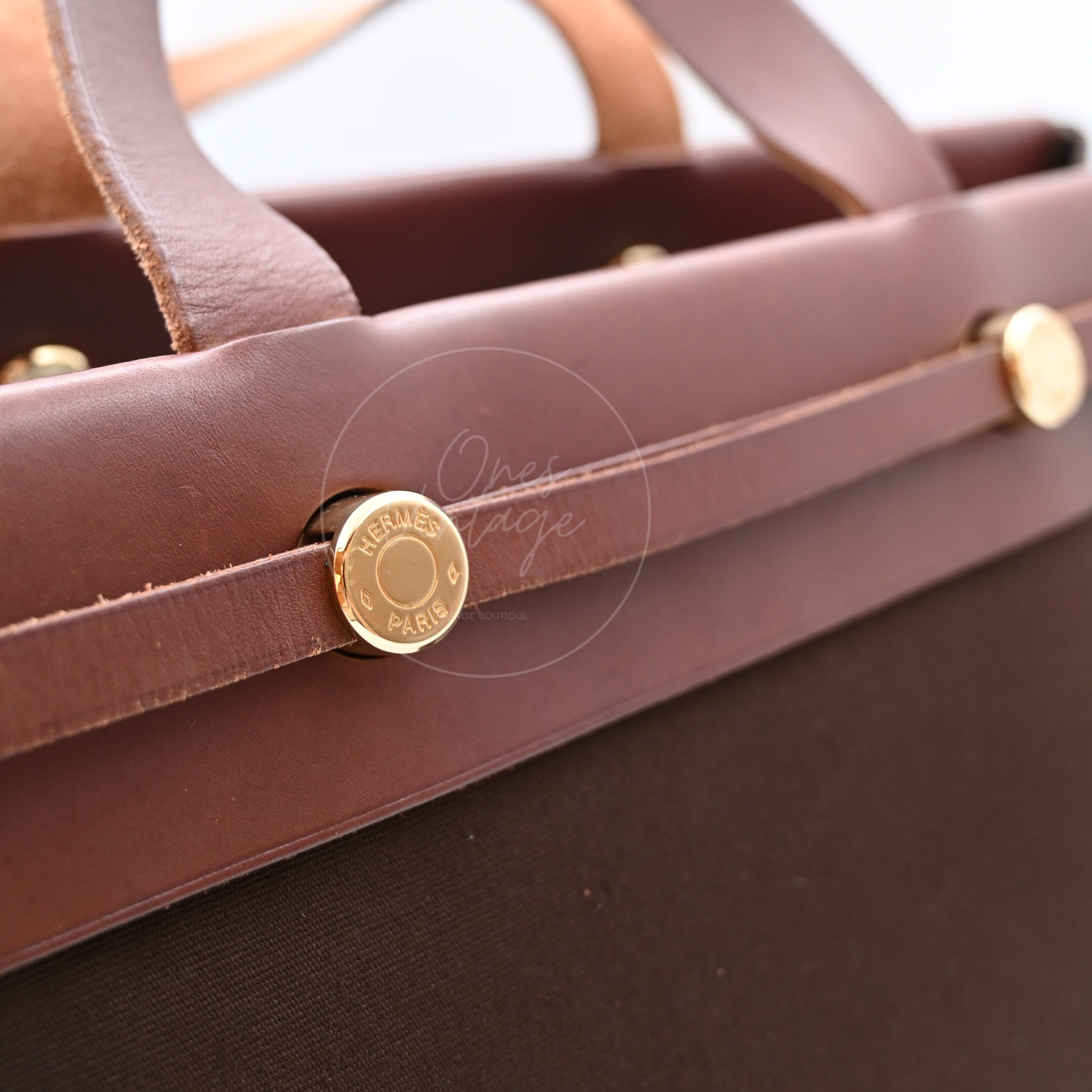Hermes Herbag Cabas GM Swift Canvas GHW BROWN  Square F