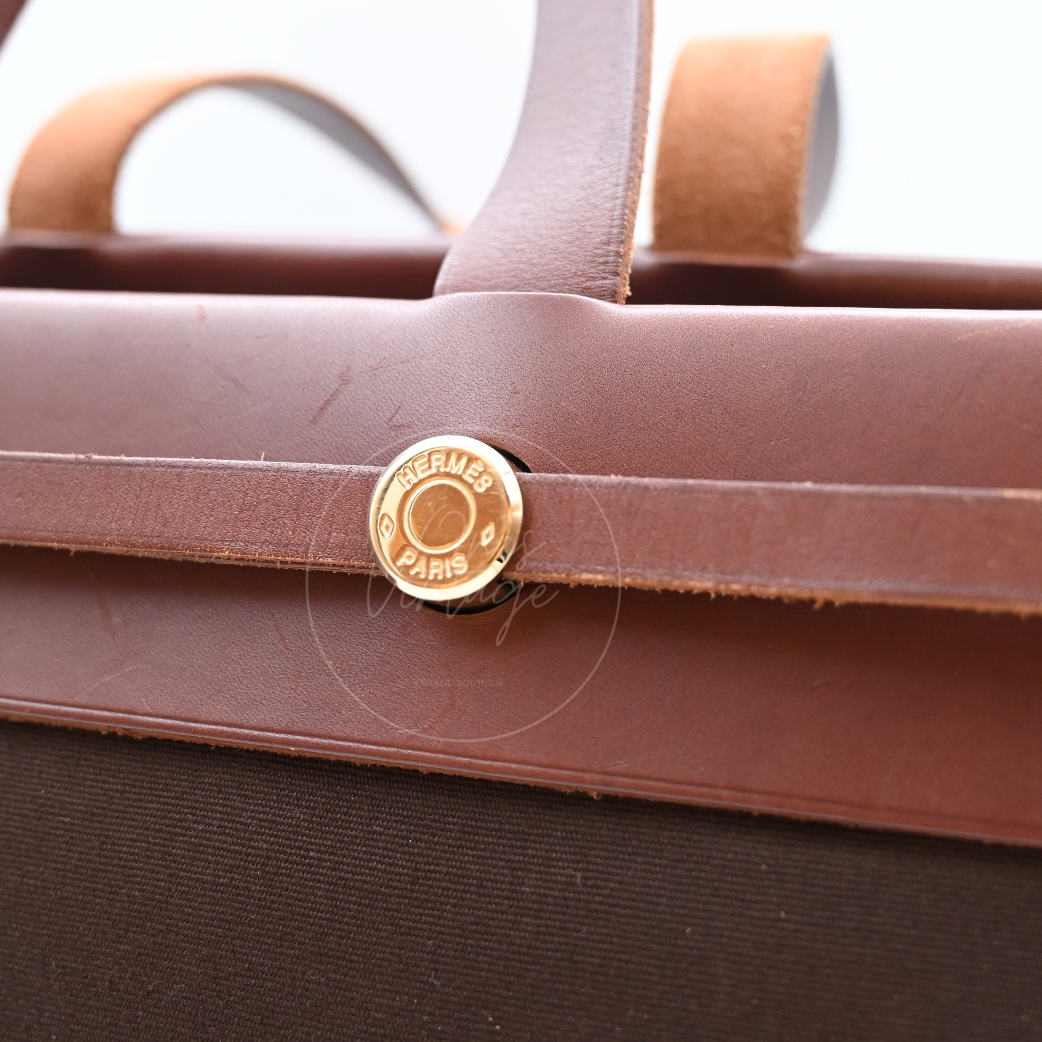 Hermes Herbag Cabas GM Swift Canvas GHW BROWN  Square F