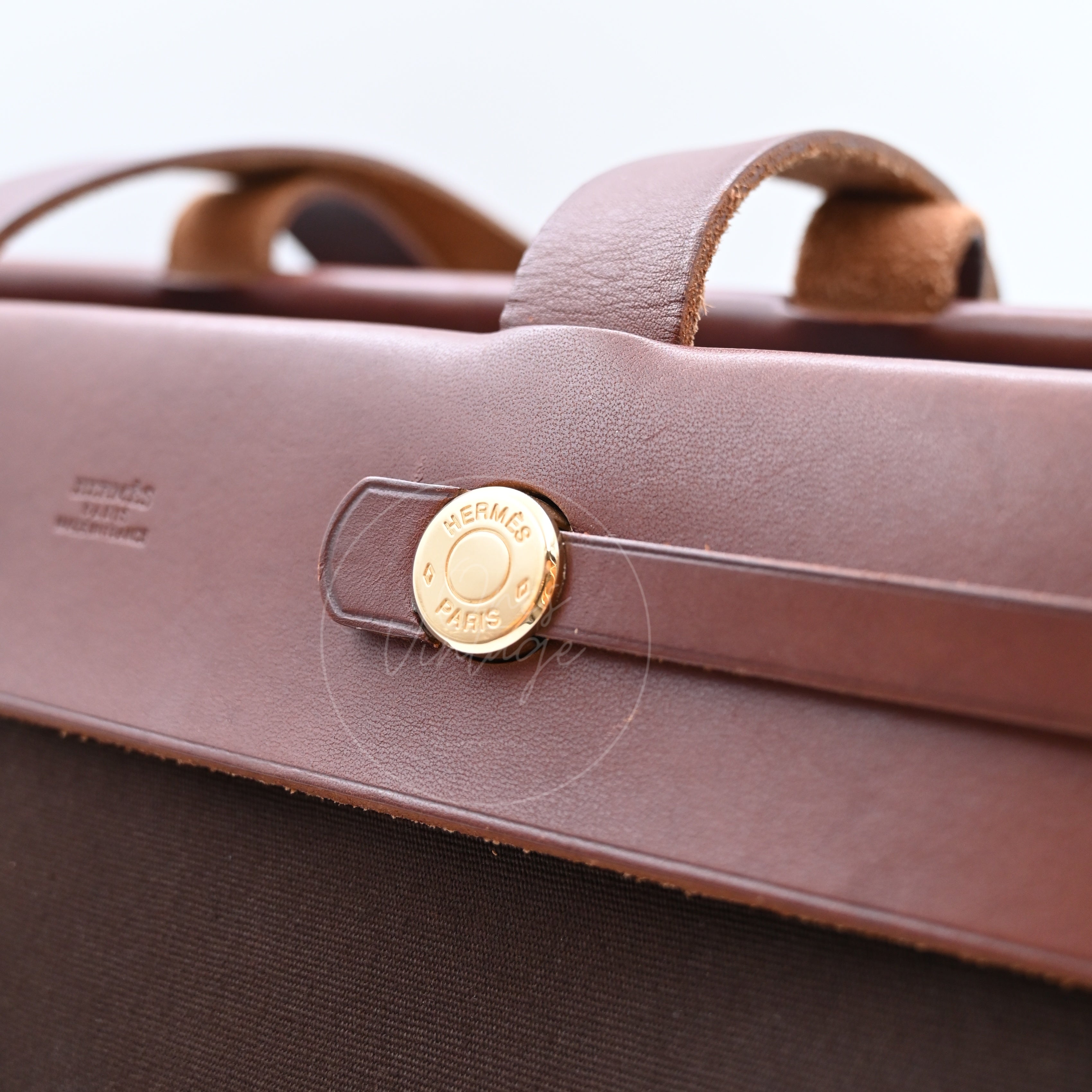 Hermes Herbag Cabas GM Swift Canvas GHW BROWN  Square F