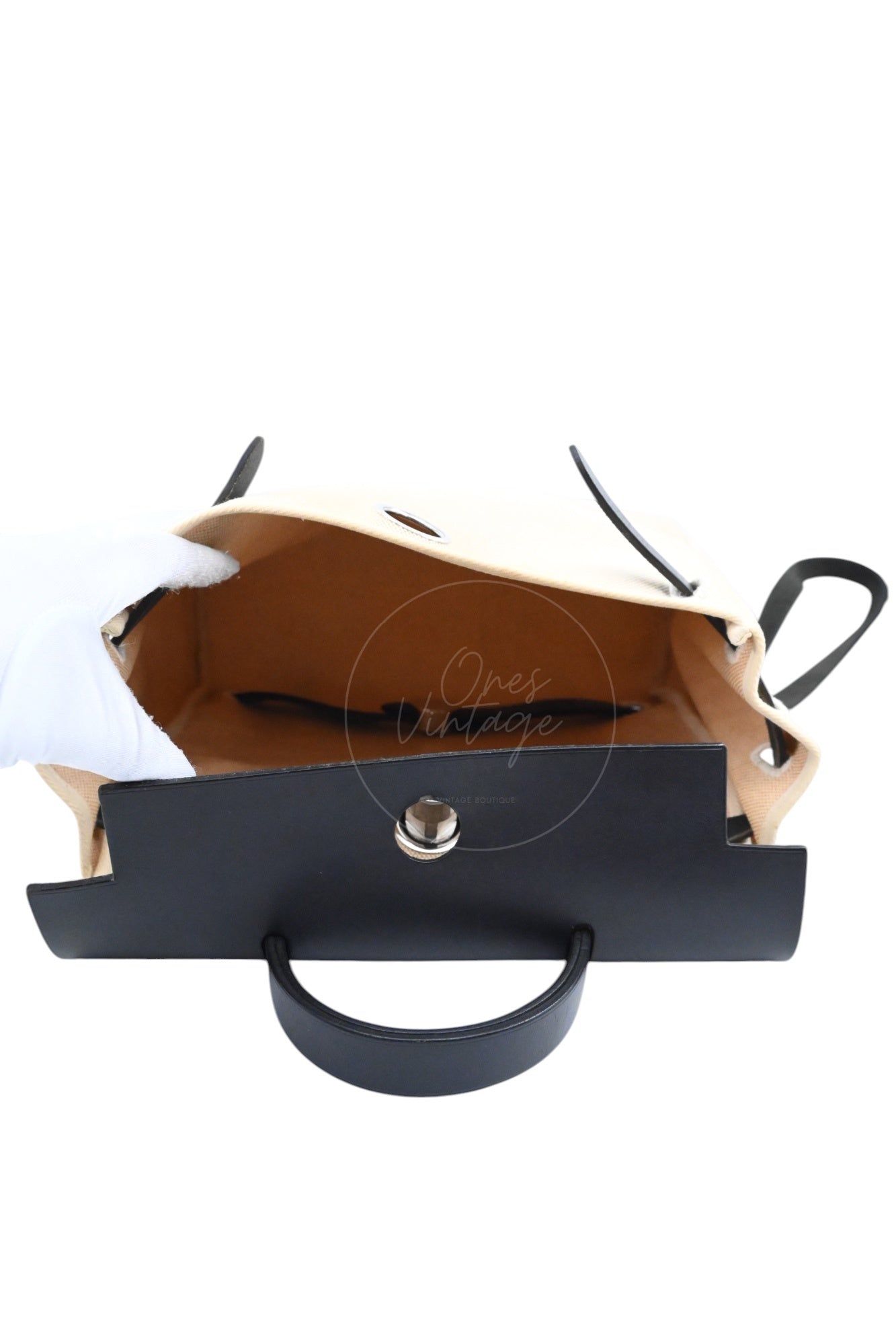 [Pre-owned] Hermes Herbag Backpack Black Swift Beige Canvas Stamp Square C
