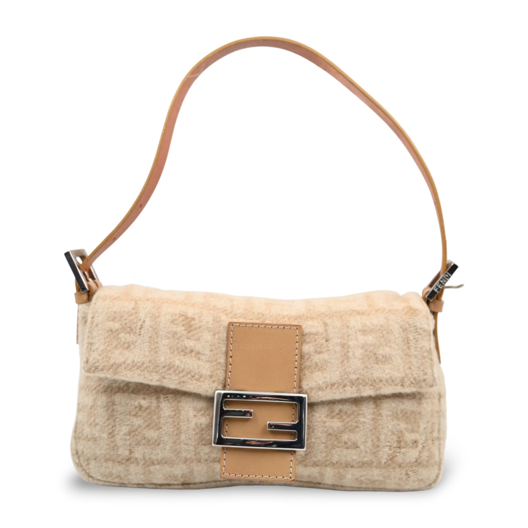 [Pre-owned] Fendi Beige Zucca Baguette Wool and Leather