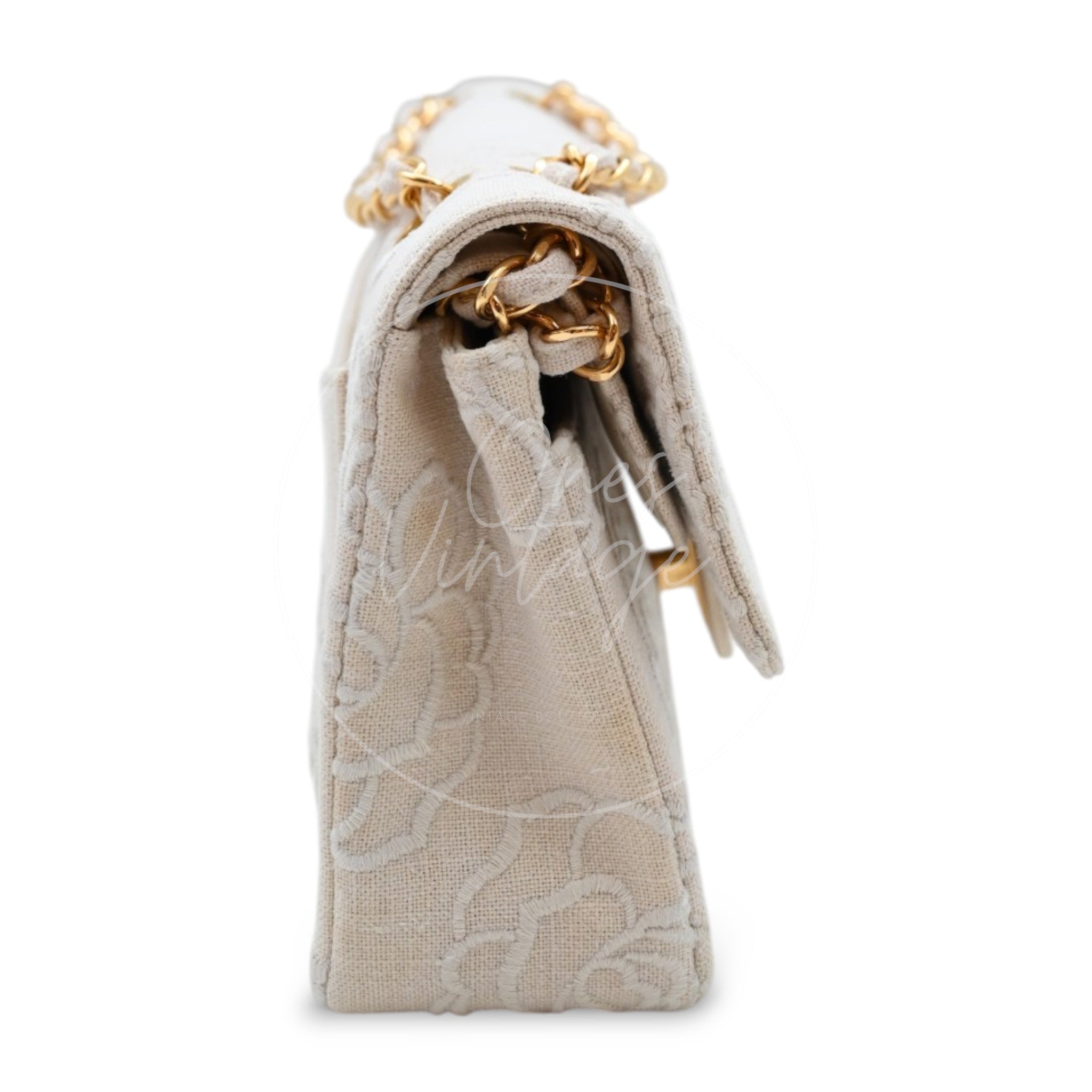 Chanel Camellia Embroidered Small Classic Flap Bag GHW Ivory Beige Series 5