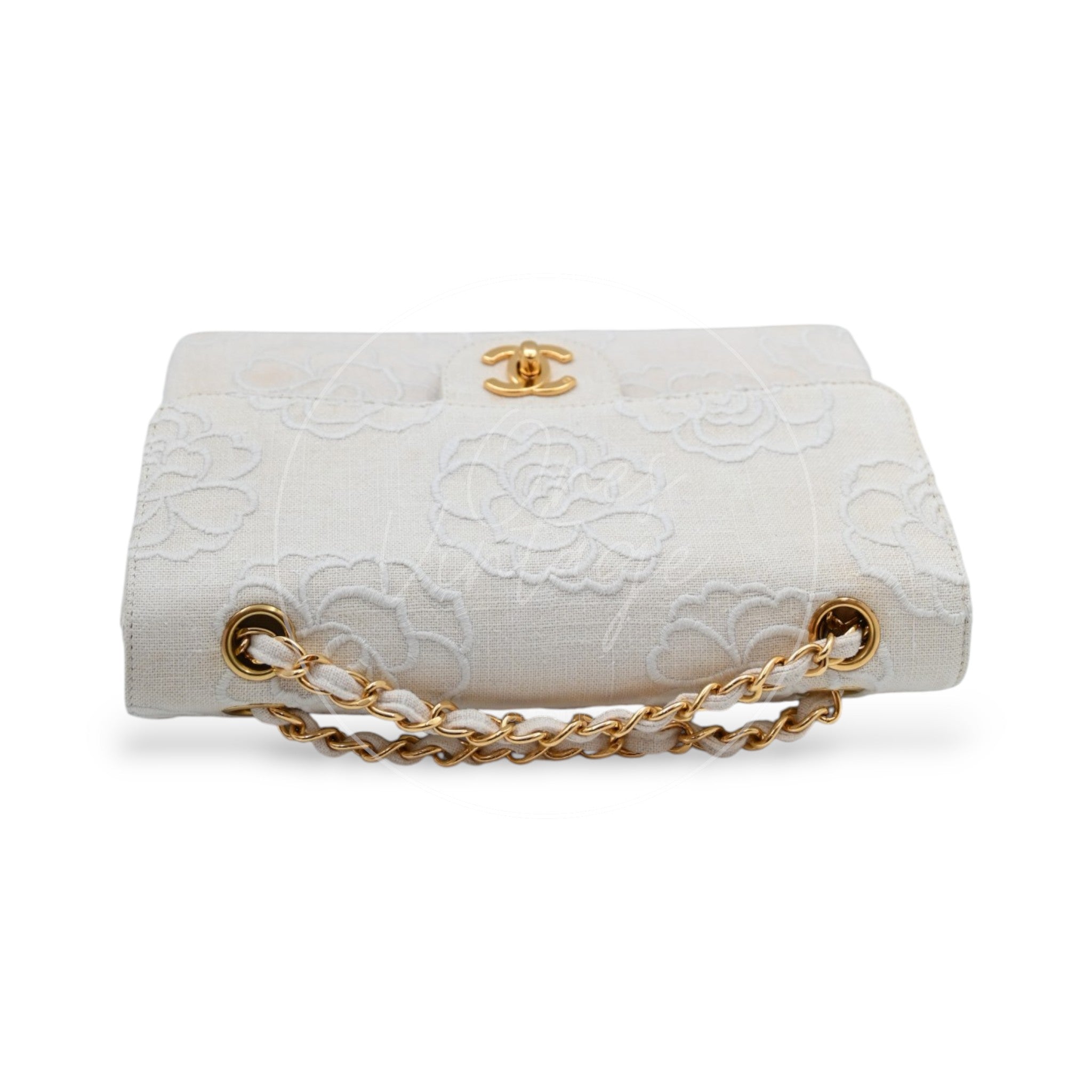 Chanel Camellia Embroidered Small Classic Flap Bag GHW Ivory Beige Series 5