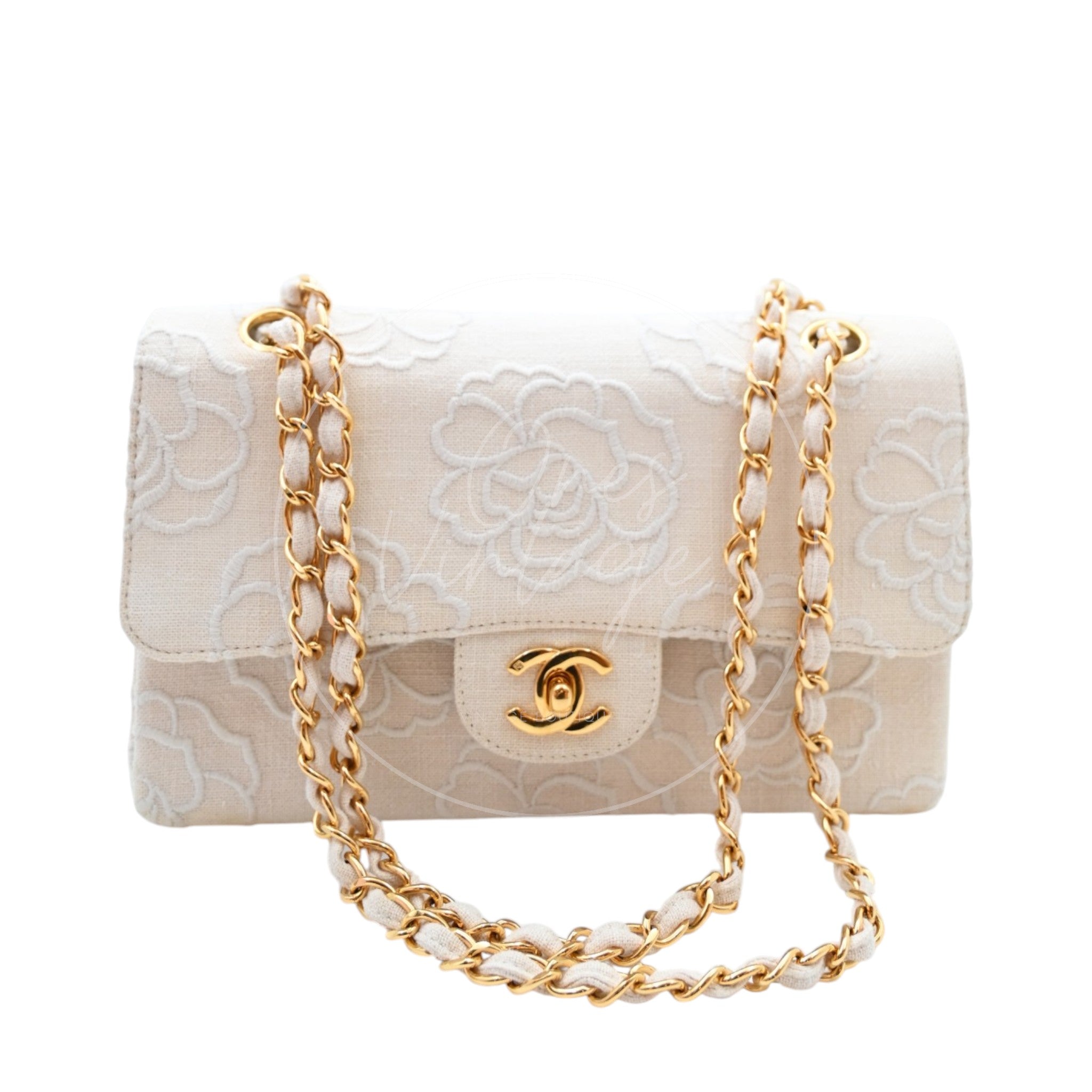Chanel Camellia Embroidered Small Classic Flap Bag GHW Ivory Beige Series 5