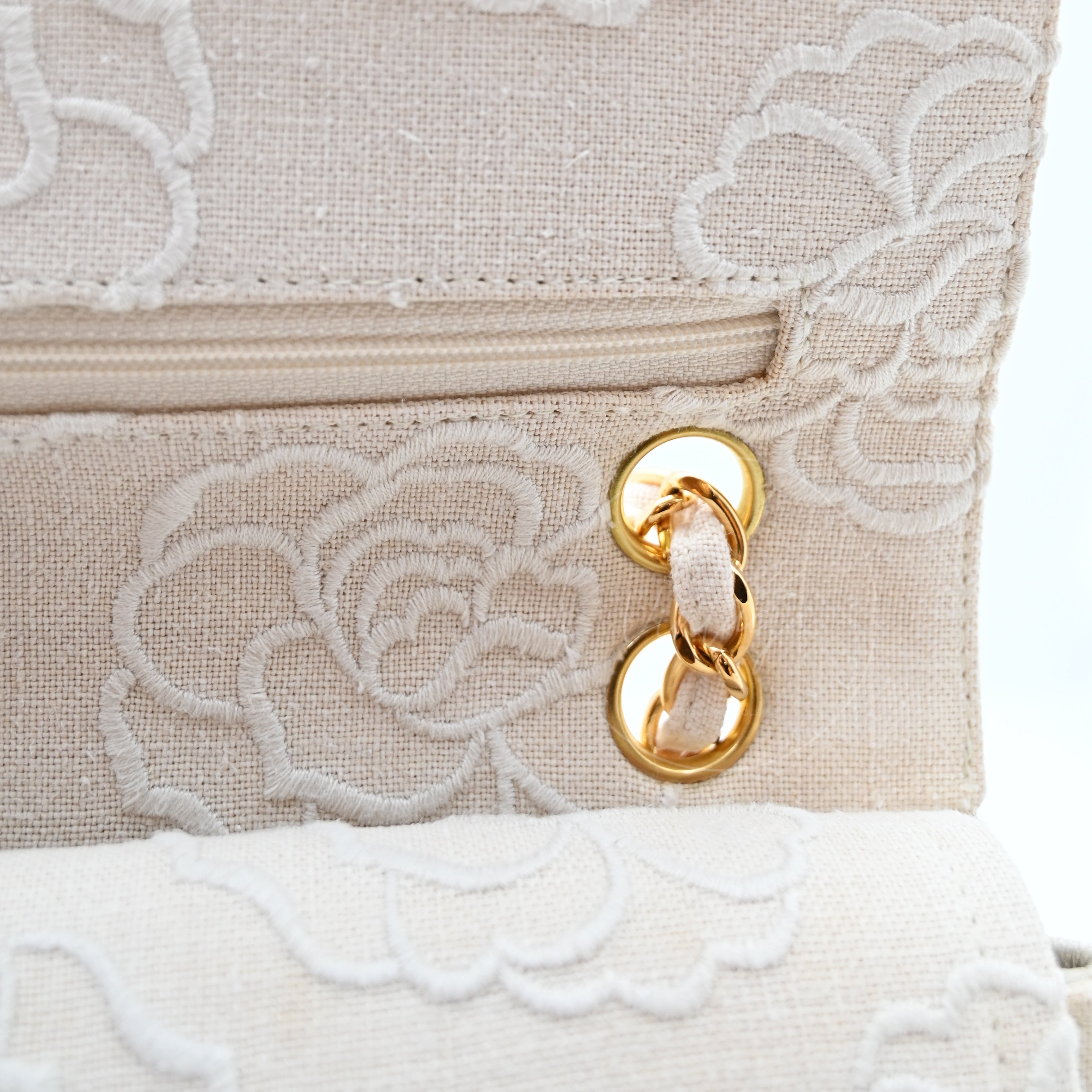 Chanel Camellia Embroidered Small Classic Flap Bag GHW Ivory Beige Series 5