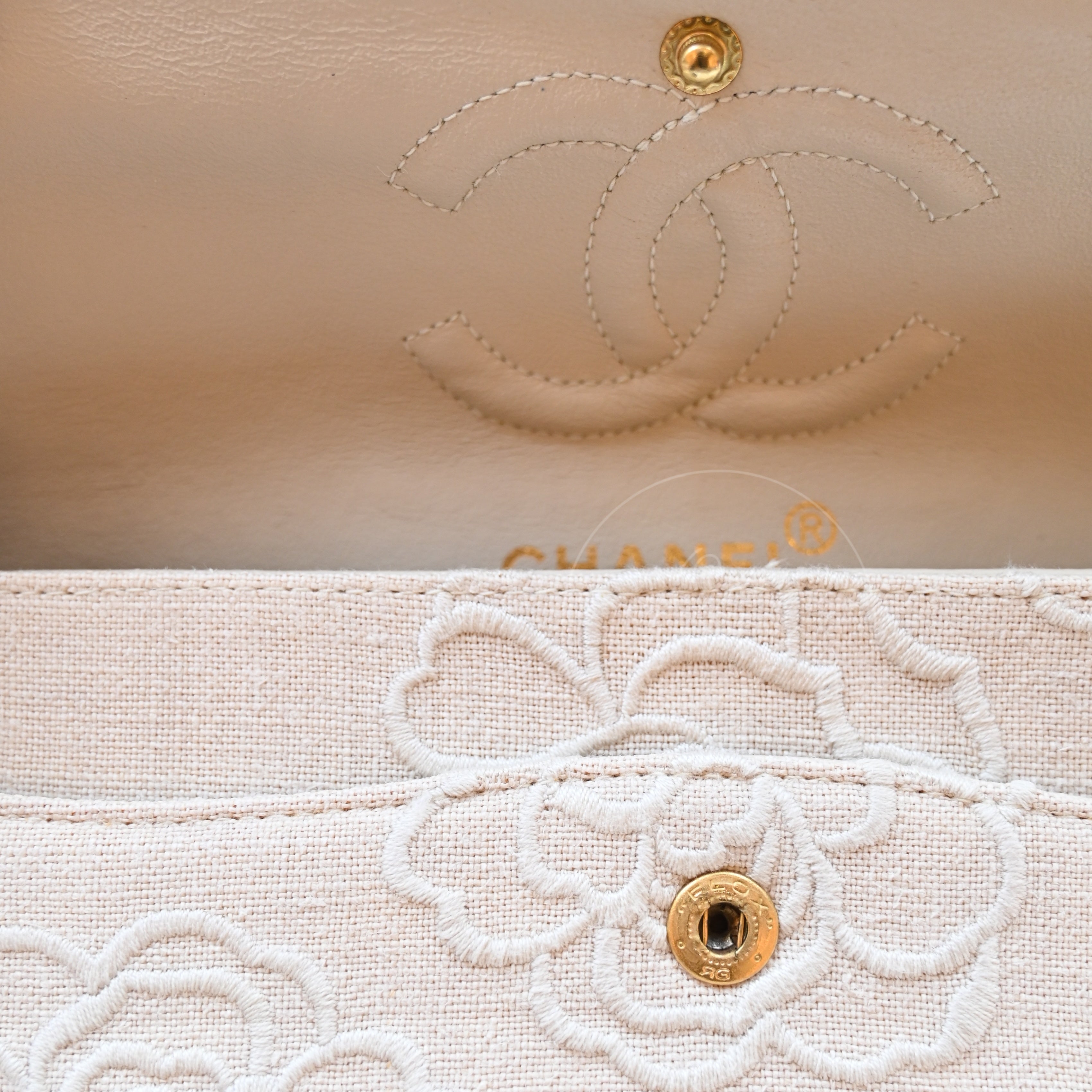 Chanel Camellia Embroidered Small Classic Flap Bag GHW Ivory Beige Series 5