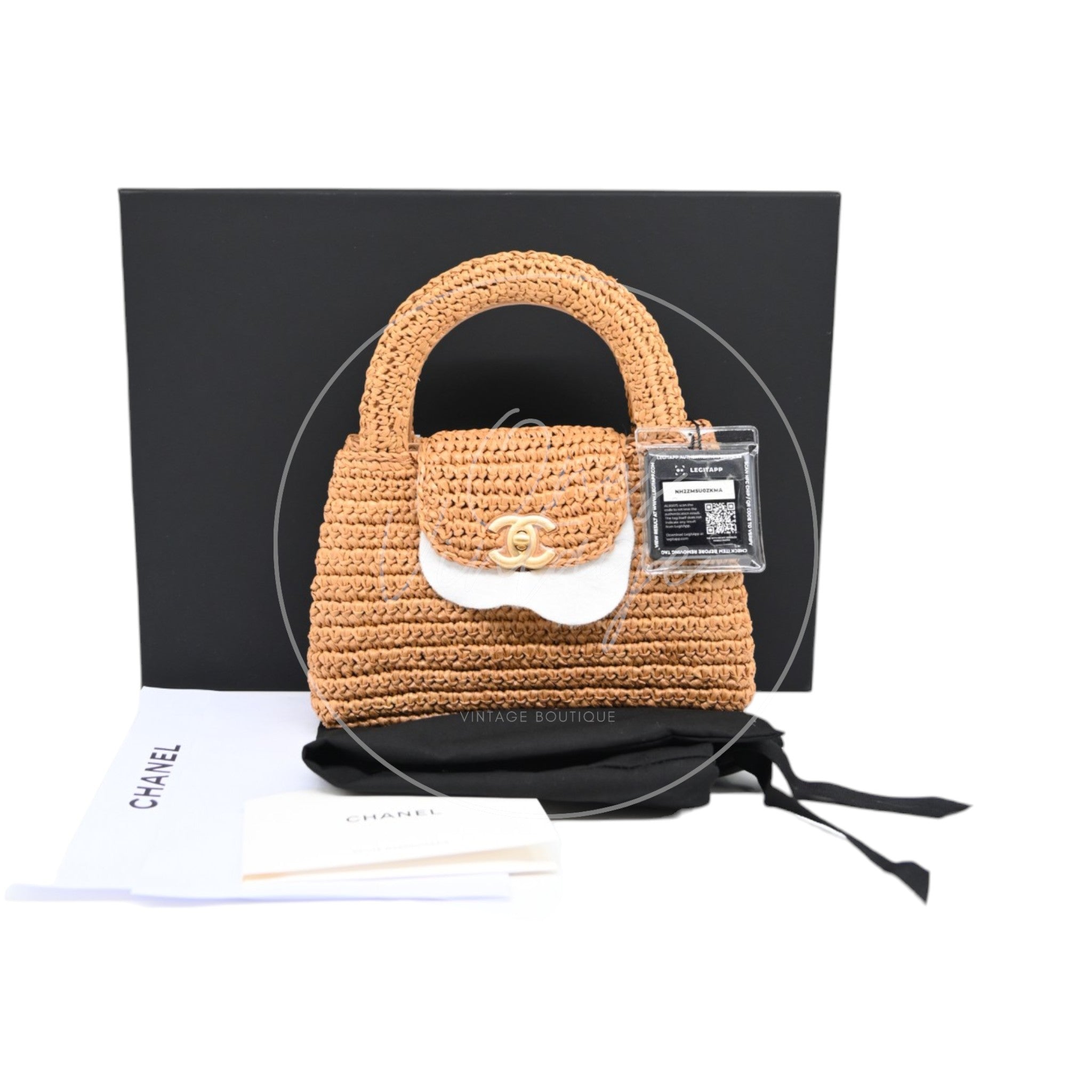 [Pre-owned] Chanel Mini Straw Weave Gold Metal Dark Beige Shopping Bag
