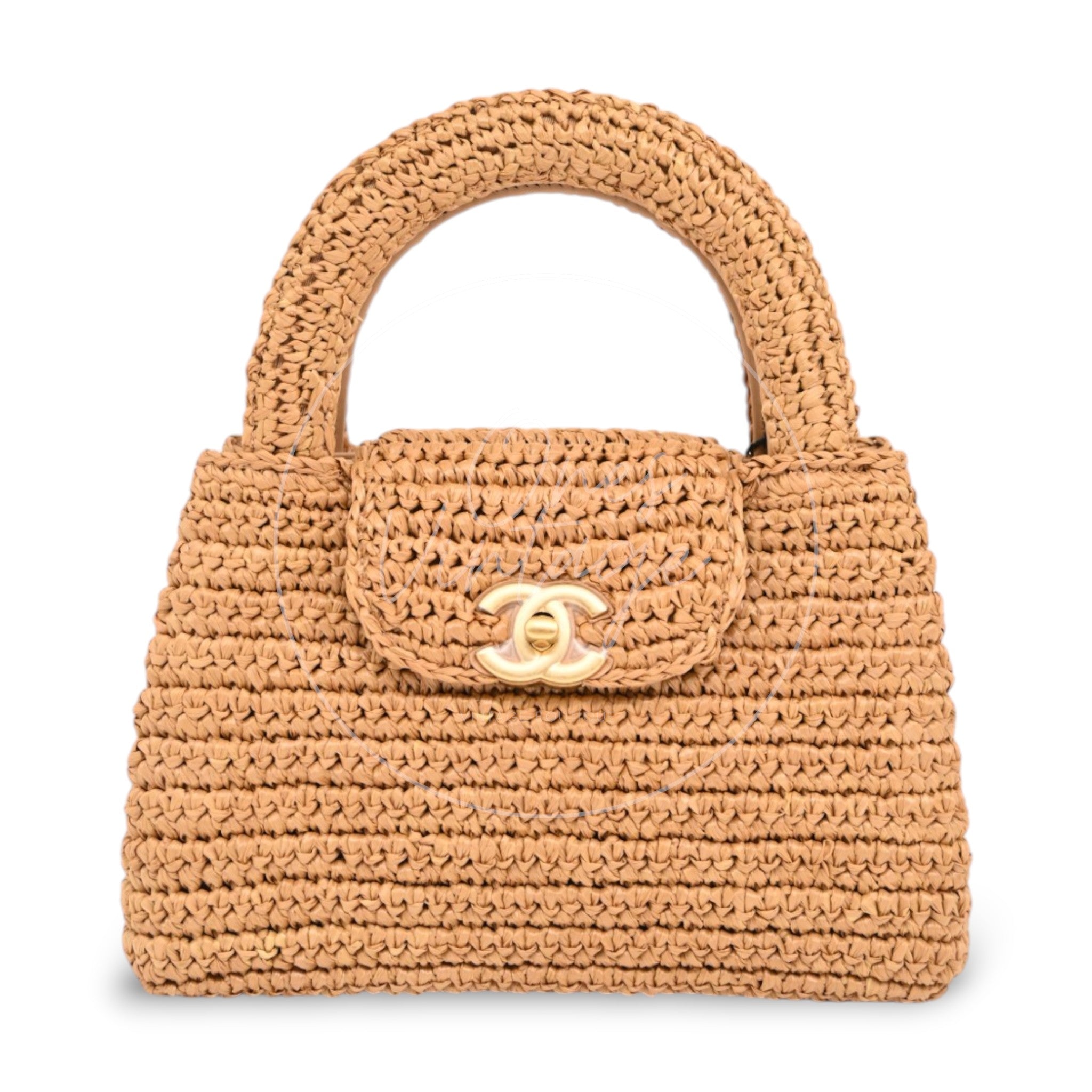 [Pre-owned] Chanel  Mini Straw Weaving Gold Metal Dark Beige shopping bag