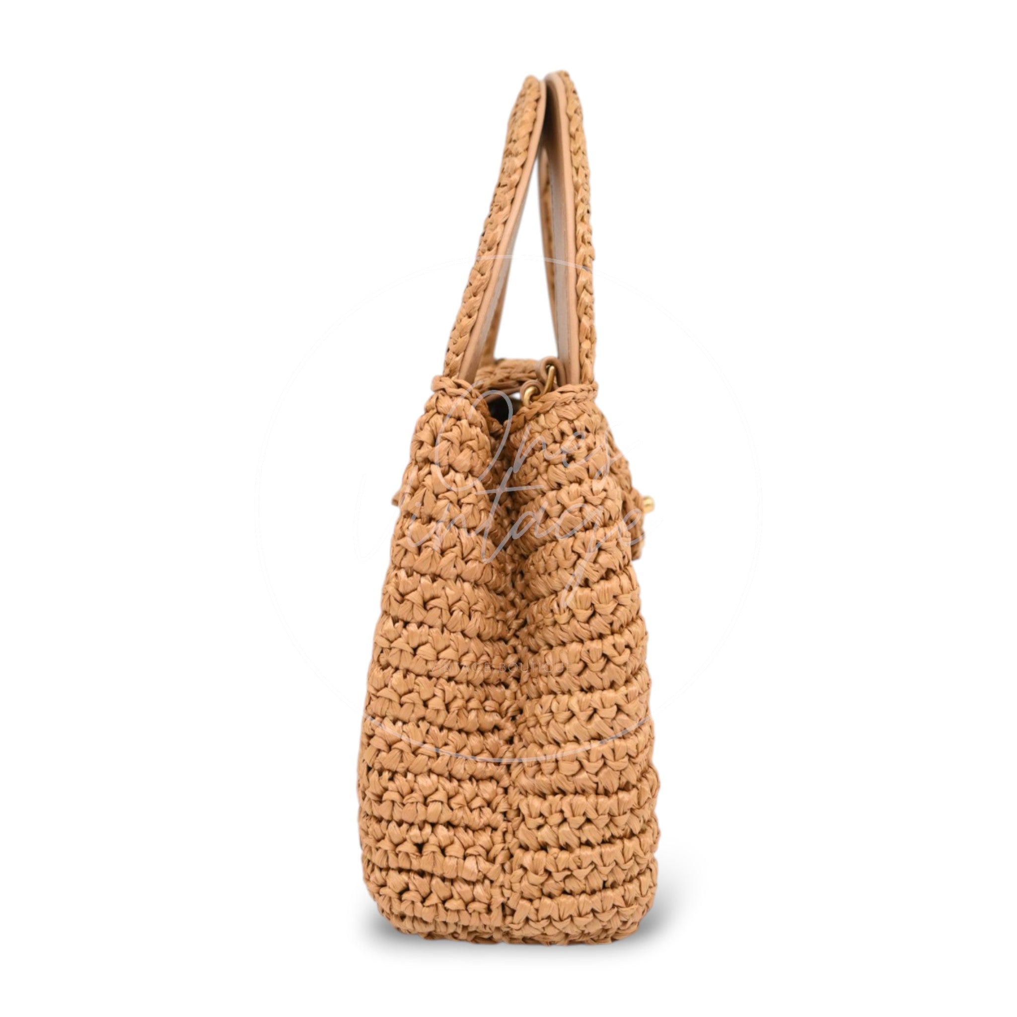 [Pre-owned] Chanel Mini Straw Weave Gold Metal Dark Beige Shopping Bag