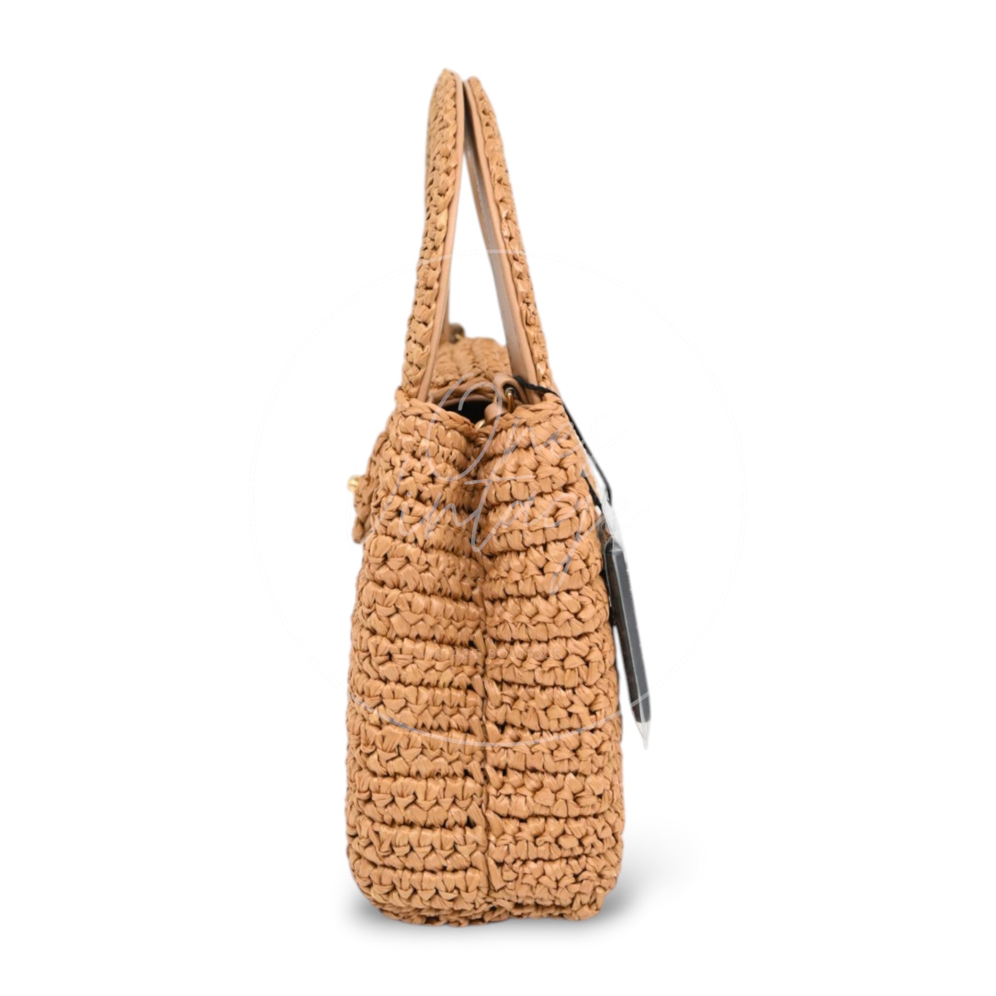 [Pre-owned] Chanel Mini Straw Weave Gold Metal Dark Beige Shopping Bag