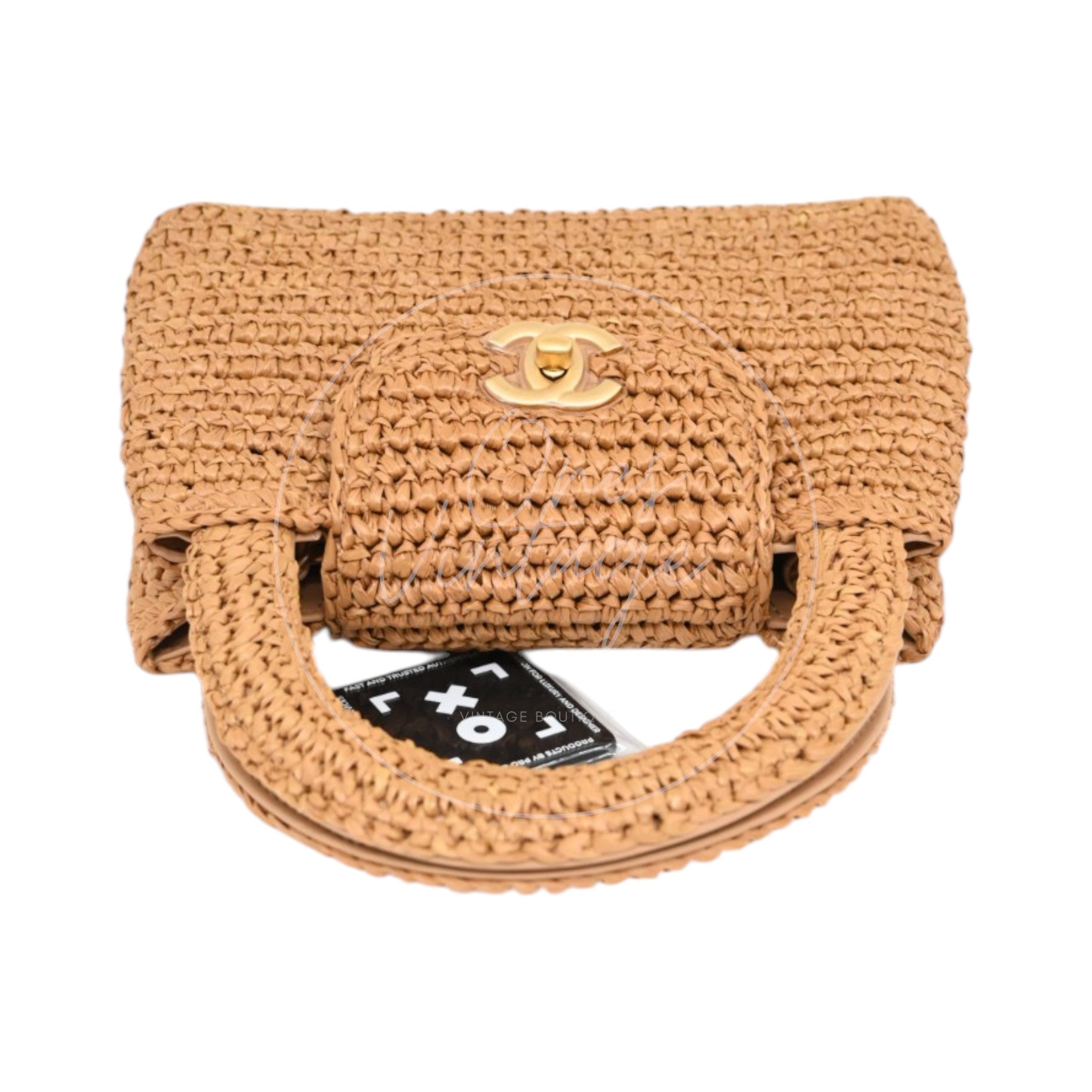 [Pre-owned] Chanel Mini Straw Weave Gold Metal Dark Beige Shopping Bag
