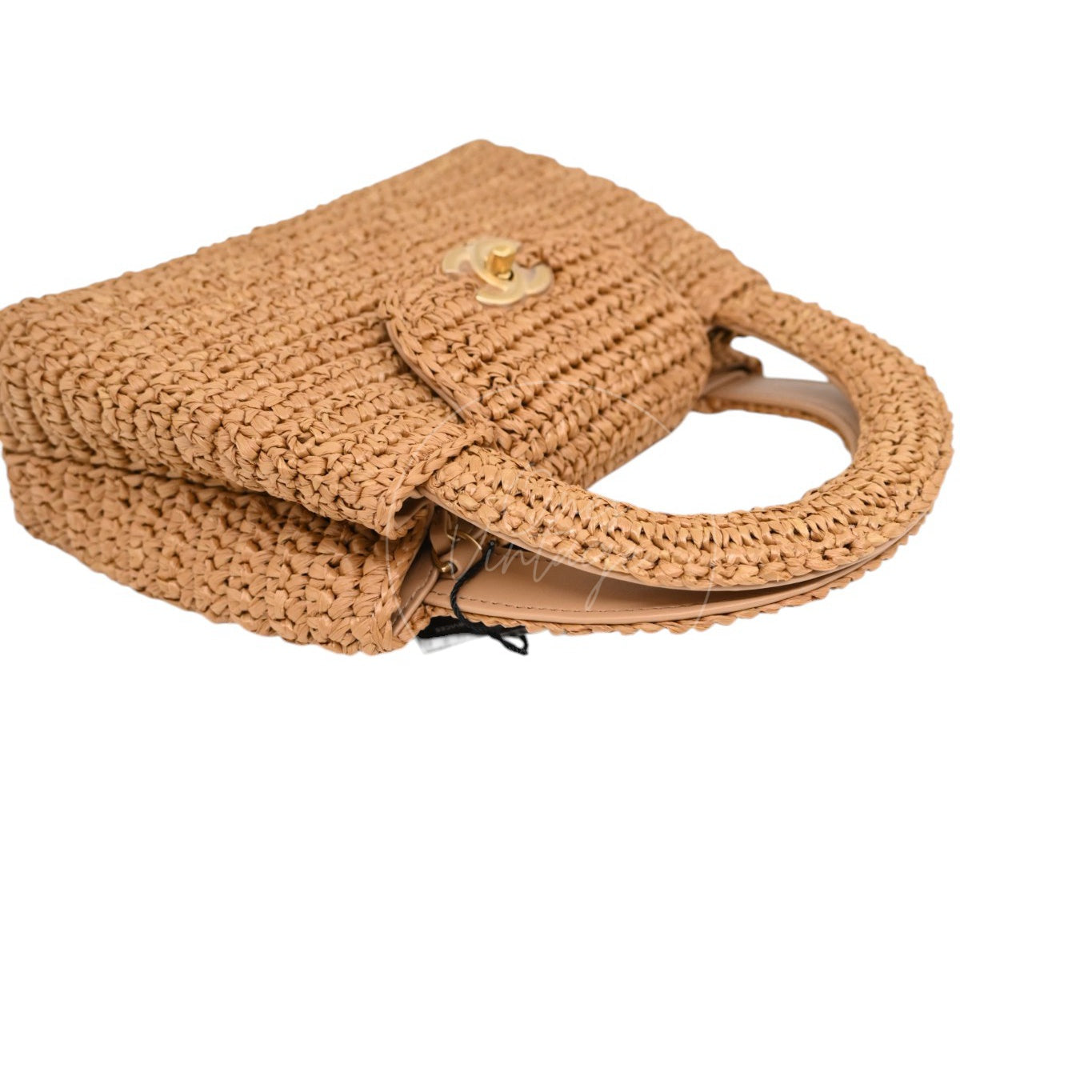 [Pre-owned] Chanel Mini Straw Weave Gold Metal Dark Beige Shopping Bag