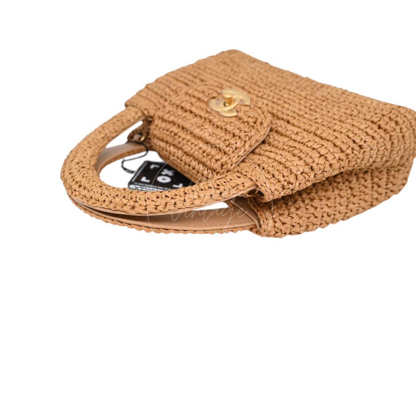 [Pre-owned] Chanel Mini Straw Weave Gold Metal Dark Beige Shopping Bag